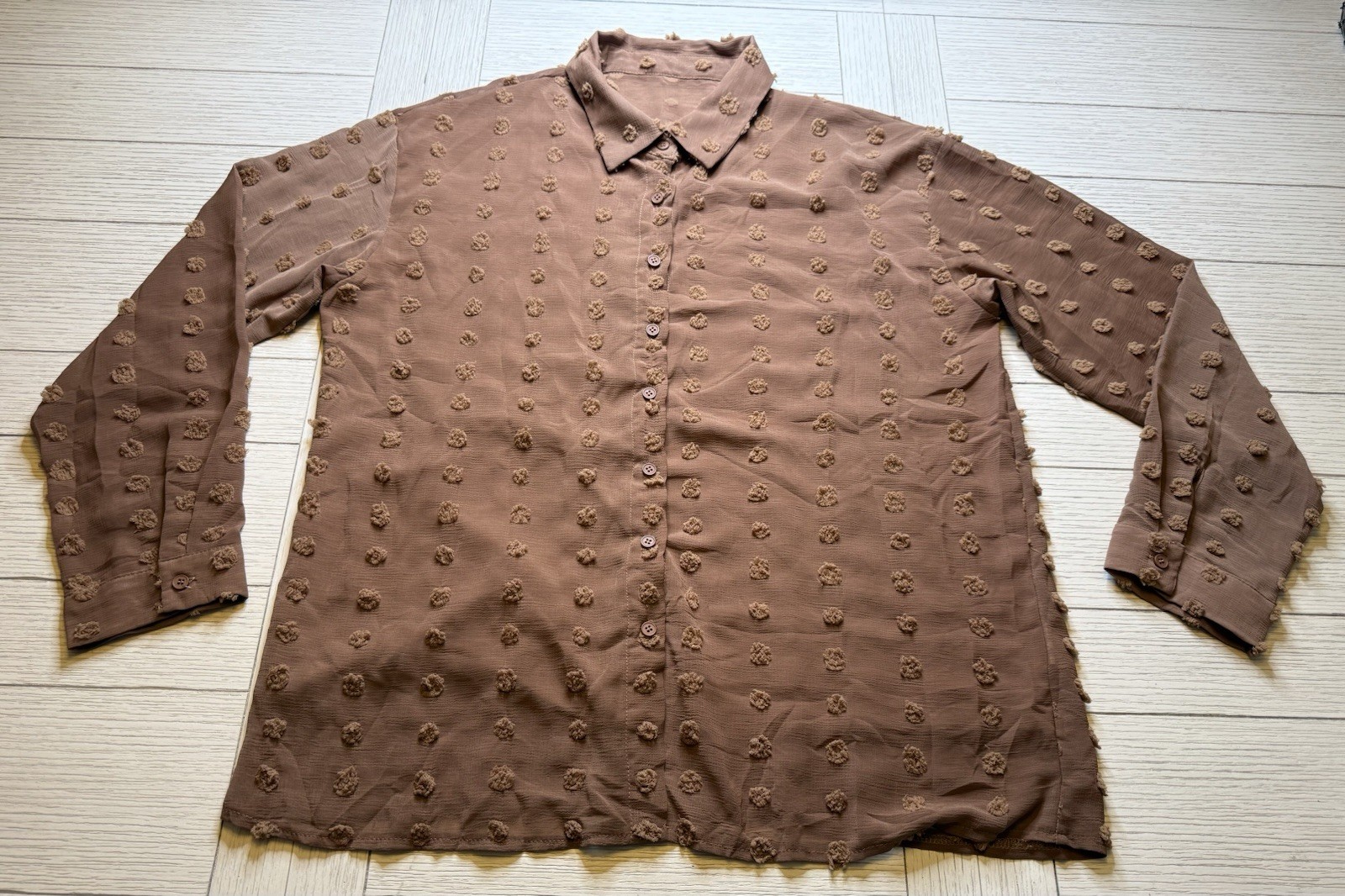 Brown Semi Sheer Swiss Dot Long Sleeve Button Up Boho Poly Collared Blouse Sz XL