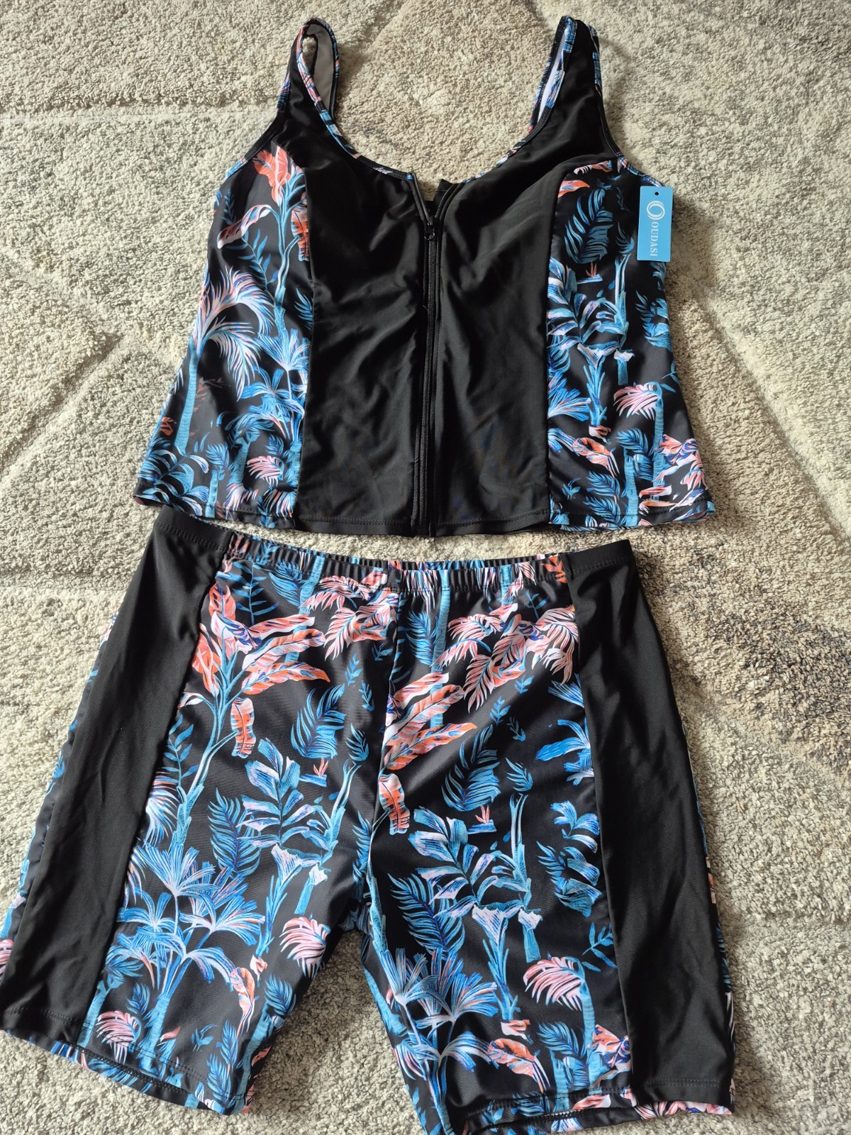 Oudasi 2Pc Tankini Set Zip Front Padded Built-In Bra Swim Shorts 3XL