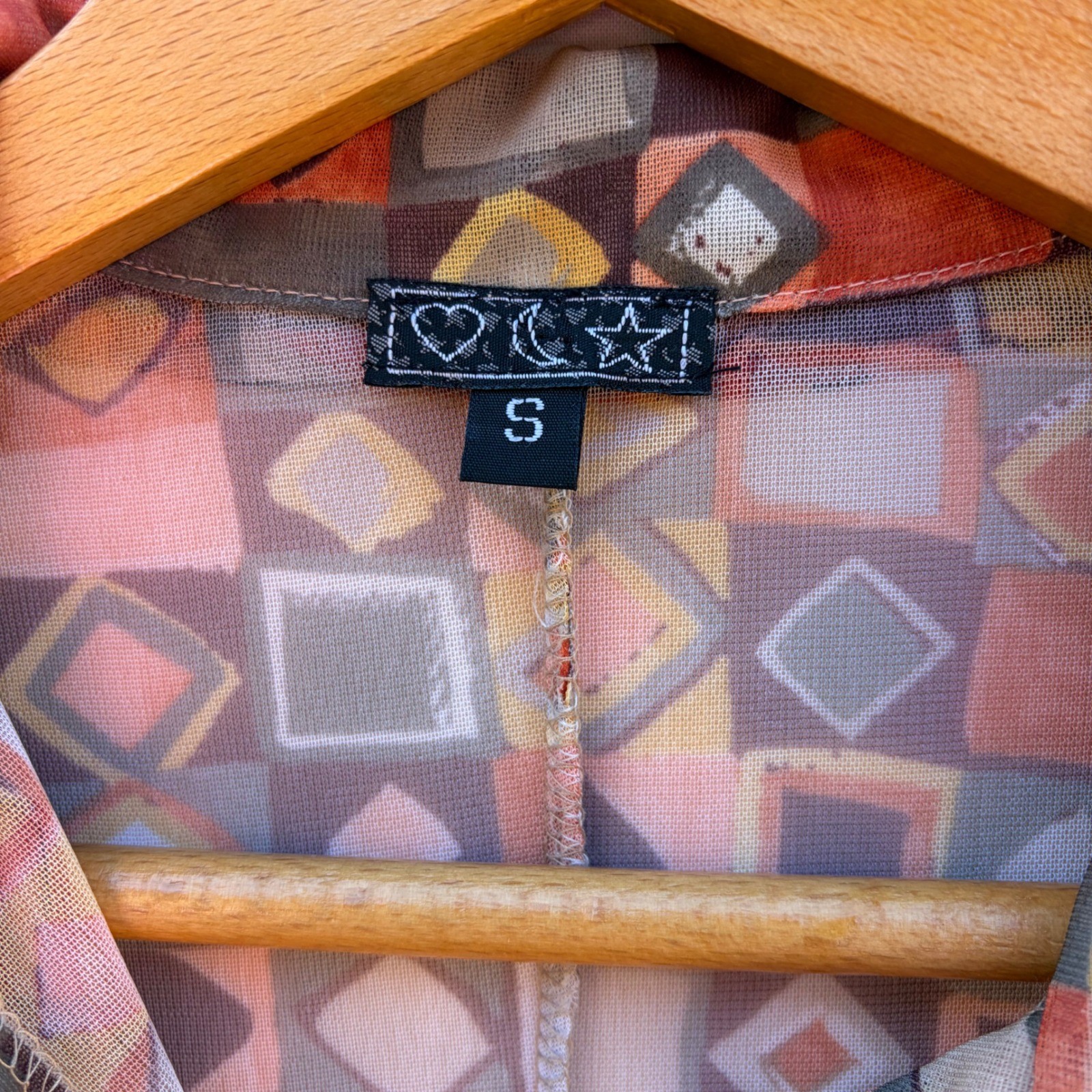 Heart Moon Star Blouse Womens S Orange Y2k Geometric Mesh Button Up