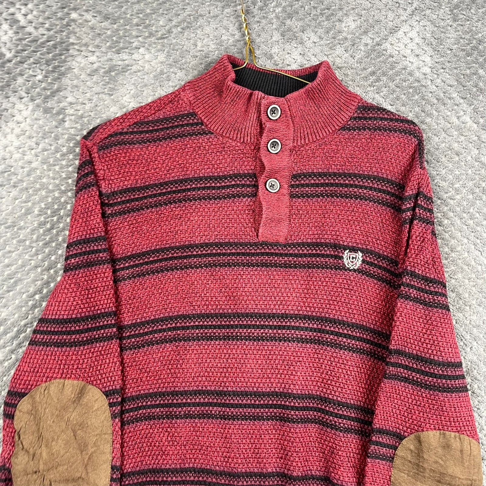 Chaps Jumper Mens Medium Red 1/4 Button Striped Elbow Pads Pullover Long Sleeve