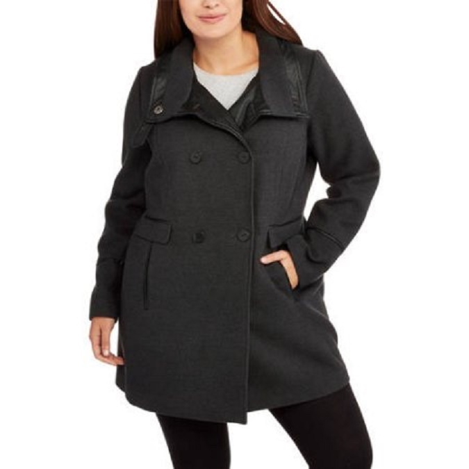 Fresh New York Women’s Gray/Black Double-Breasted Faux Wool/Leather Peacoat M, L