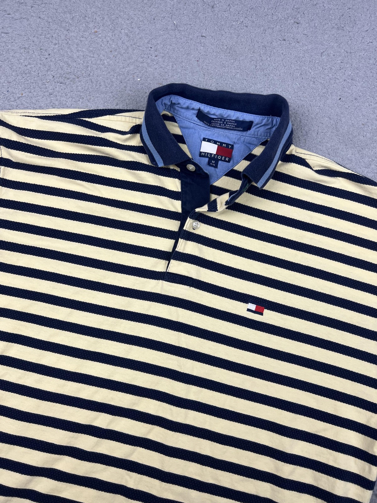 Tommy Hilfiger Polo Shirt Mens Medium Navy Yellow Striped Flag Logo Cotton