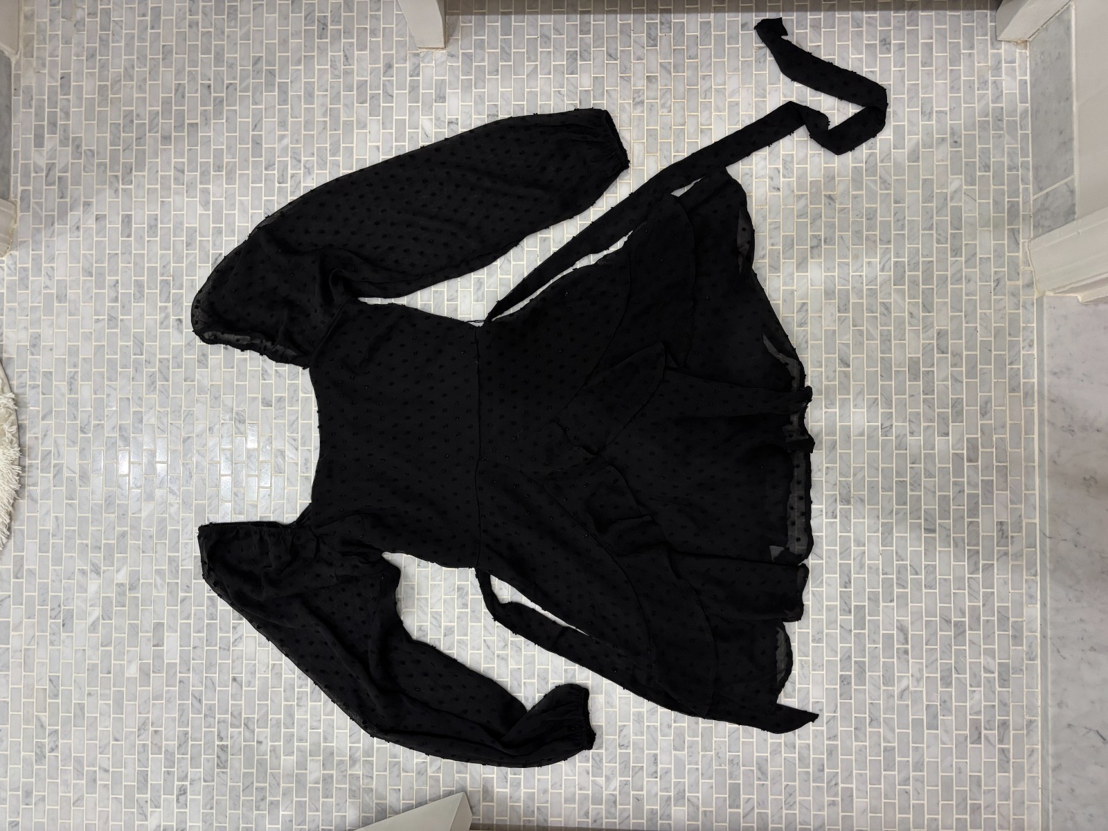 Mi Ami black poka dot mini dress with sheer sleeves/square neckline in size smal