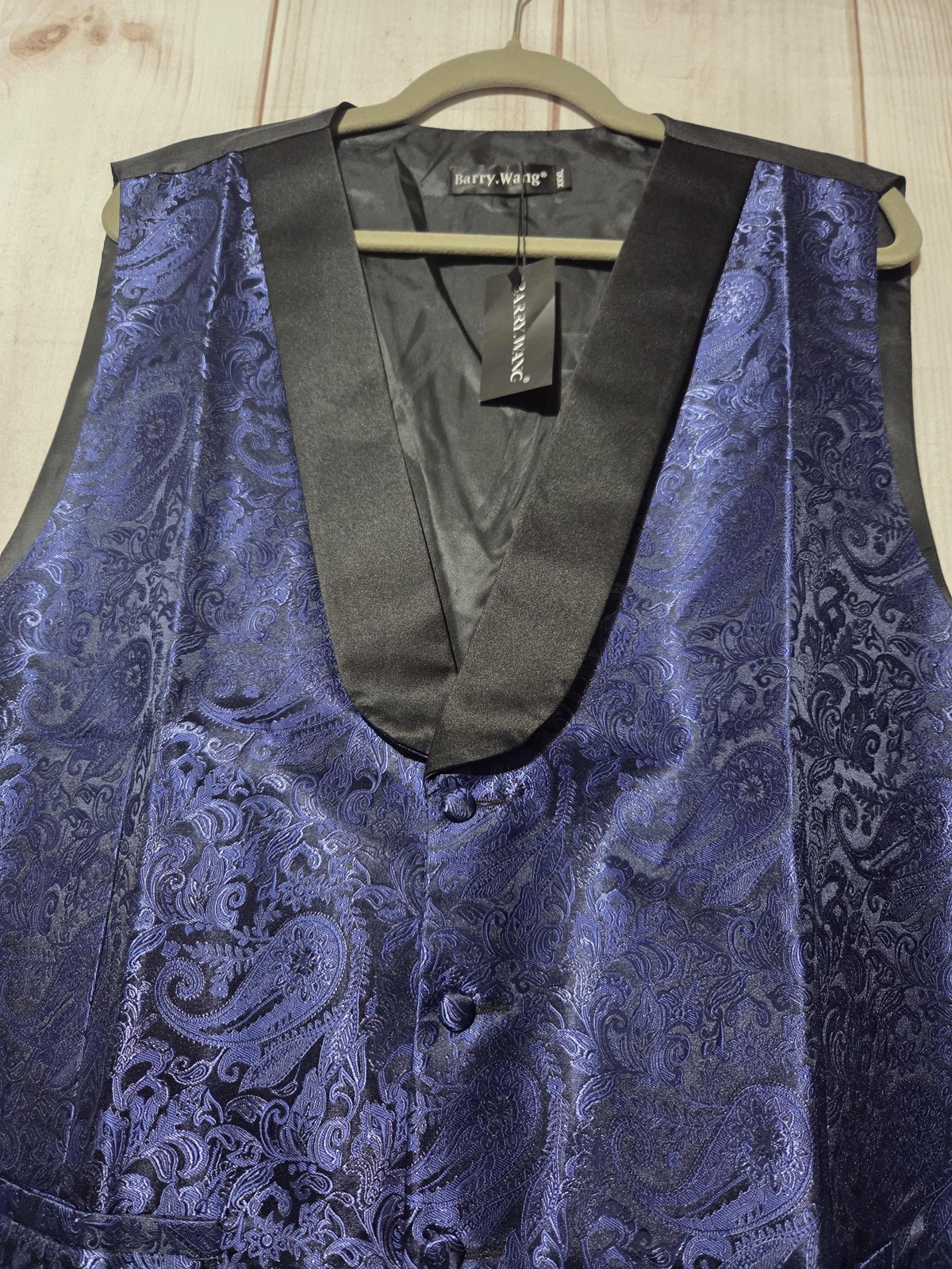 Barry Wang Suit Vest Mens 3XL Blue Paisley Silk Blend Tuxedo Shawl Lapel Formal