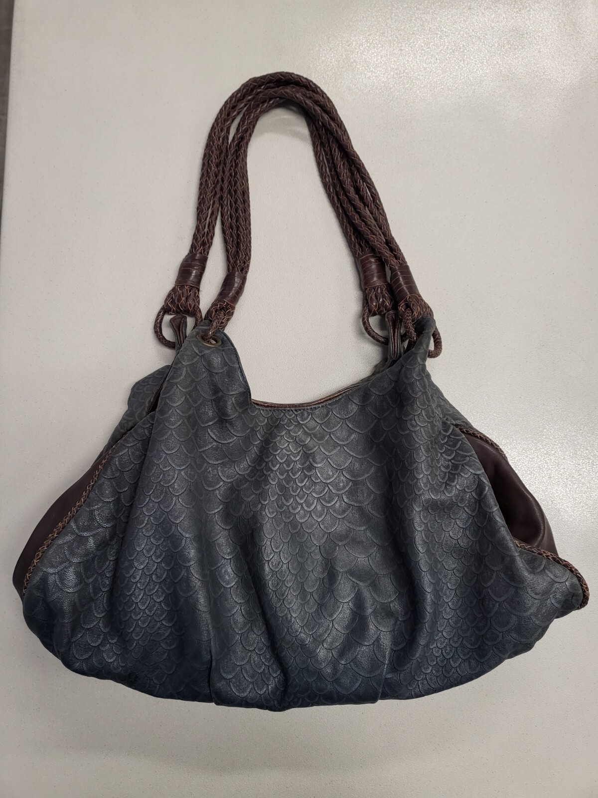 The Divine Tribe NYC Large Gray/ Brown Reptile Embossed Leather Tote Purse