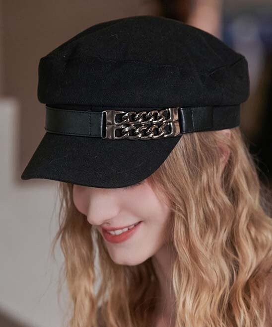 Black Women’s Beret Hat w/ Chain Decorated Peaked Cap Newspaper Hat Vintage