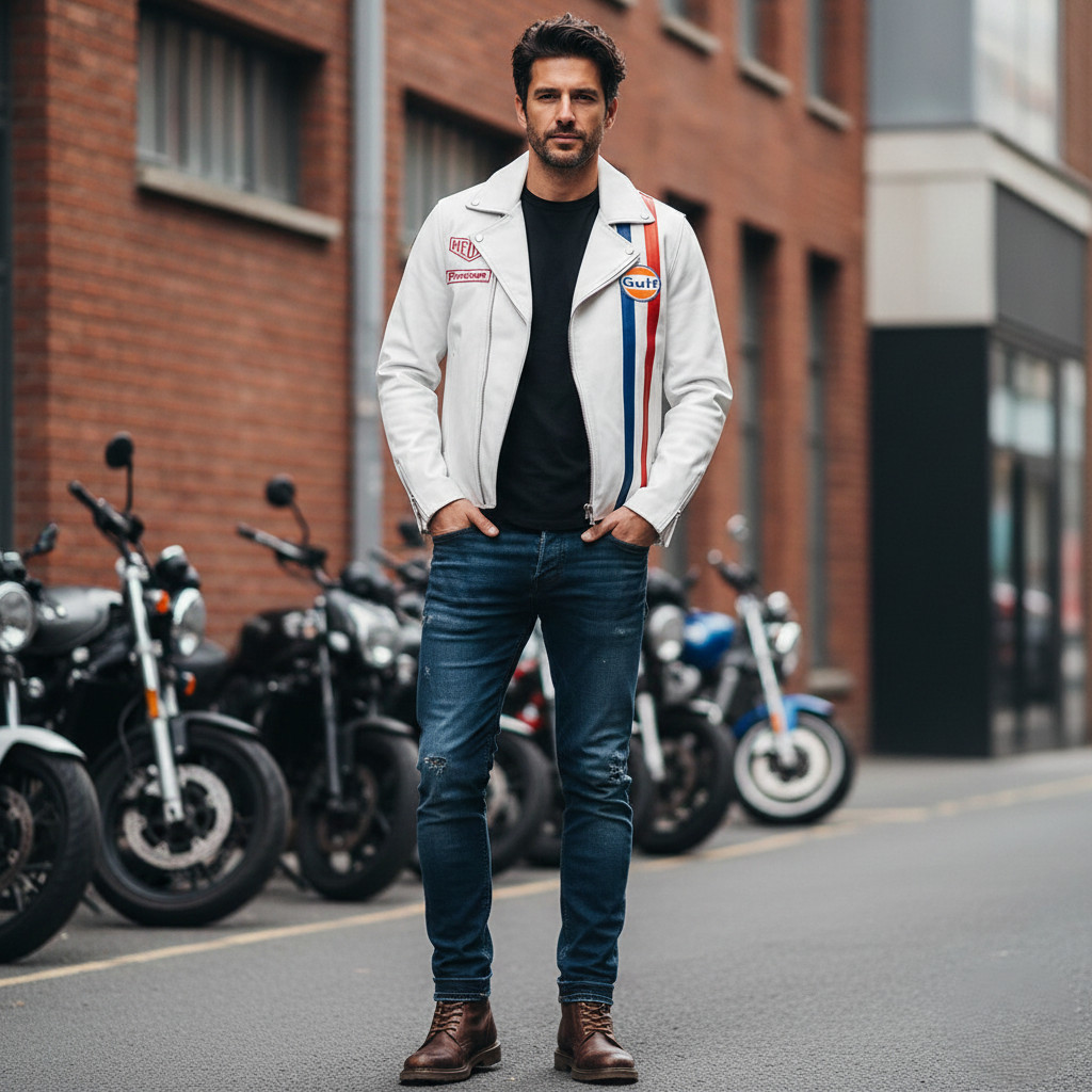Gulf White Racing Leather Jacket Mens RD Style Biker Asym Zip Quilted