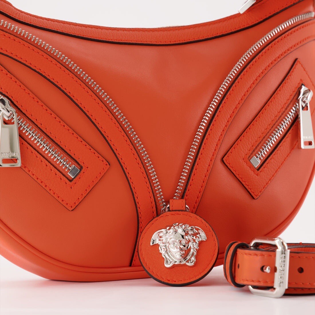 NWT $1925 Versace Silver Medusa Head Calf Leather Small Orange Hobo Bag 1007680