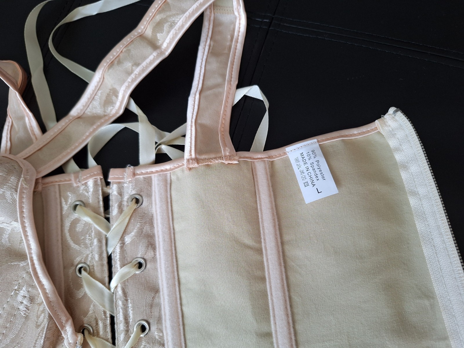 NEW Beige Satin Jacquard Strap Bustier Ribbon Lace up & Zipper Closure Corset L