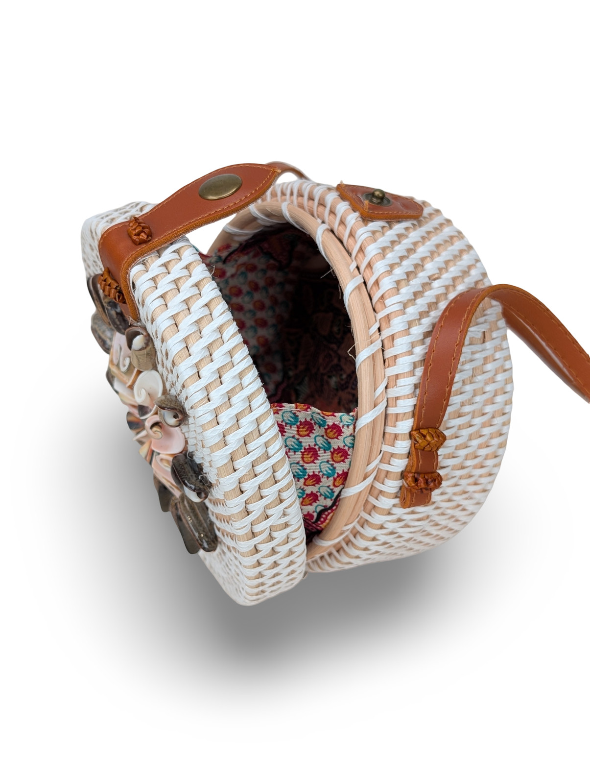 Seashell Floral Bag, Coastal Circle Handbag, Tropical Vacation Purse, Summer Bag