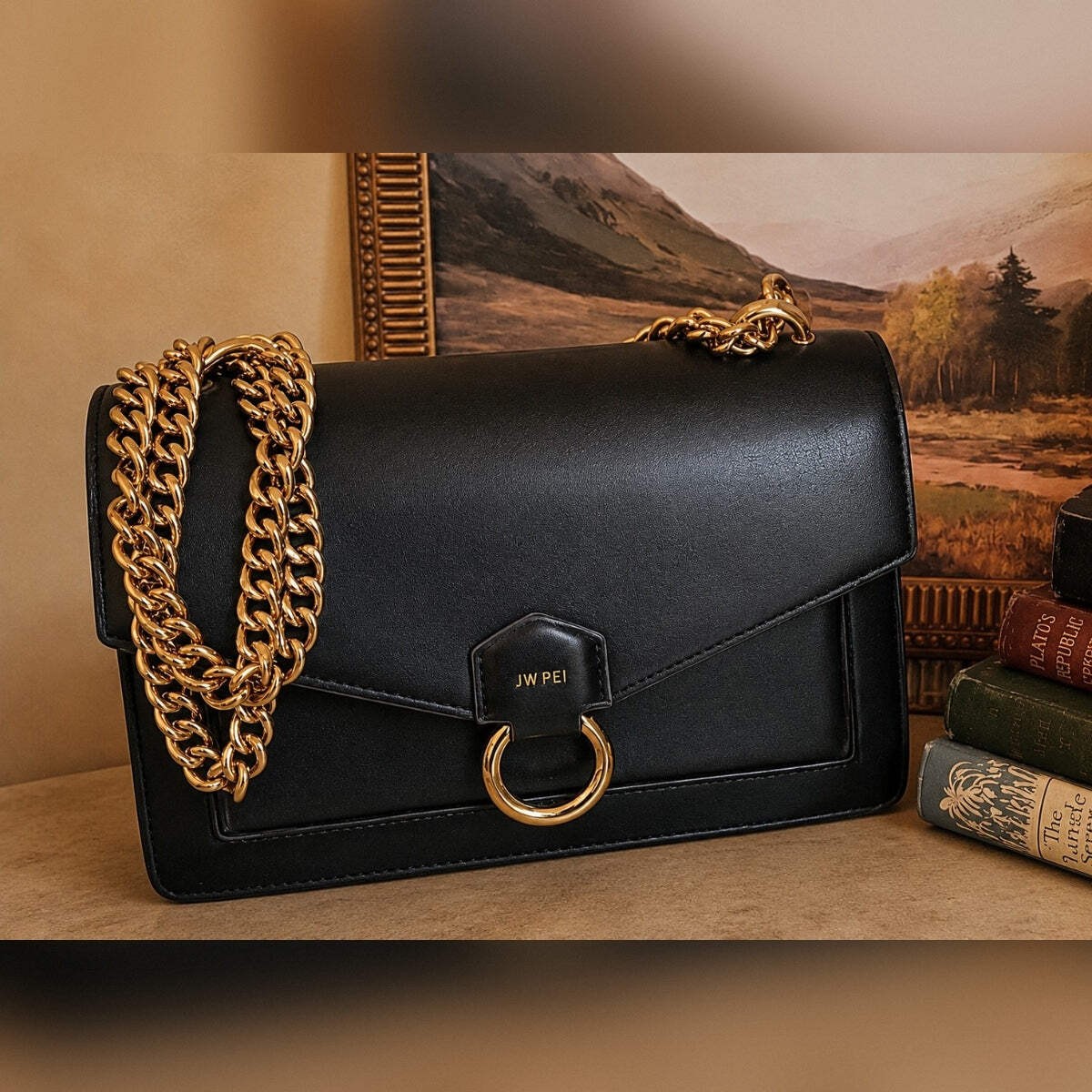 JW PEI Black Envelope Chain Crossbody Bag Gold Chain Vegan Leather NWT