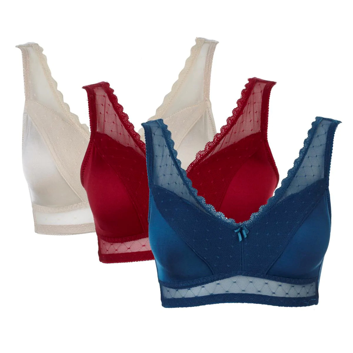 Rhonda Shear Mesh Dot Pin-Up Bra 3 Pack w/Removable Pads 514-144 , Size L