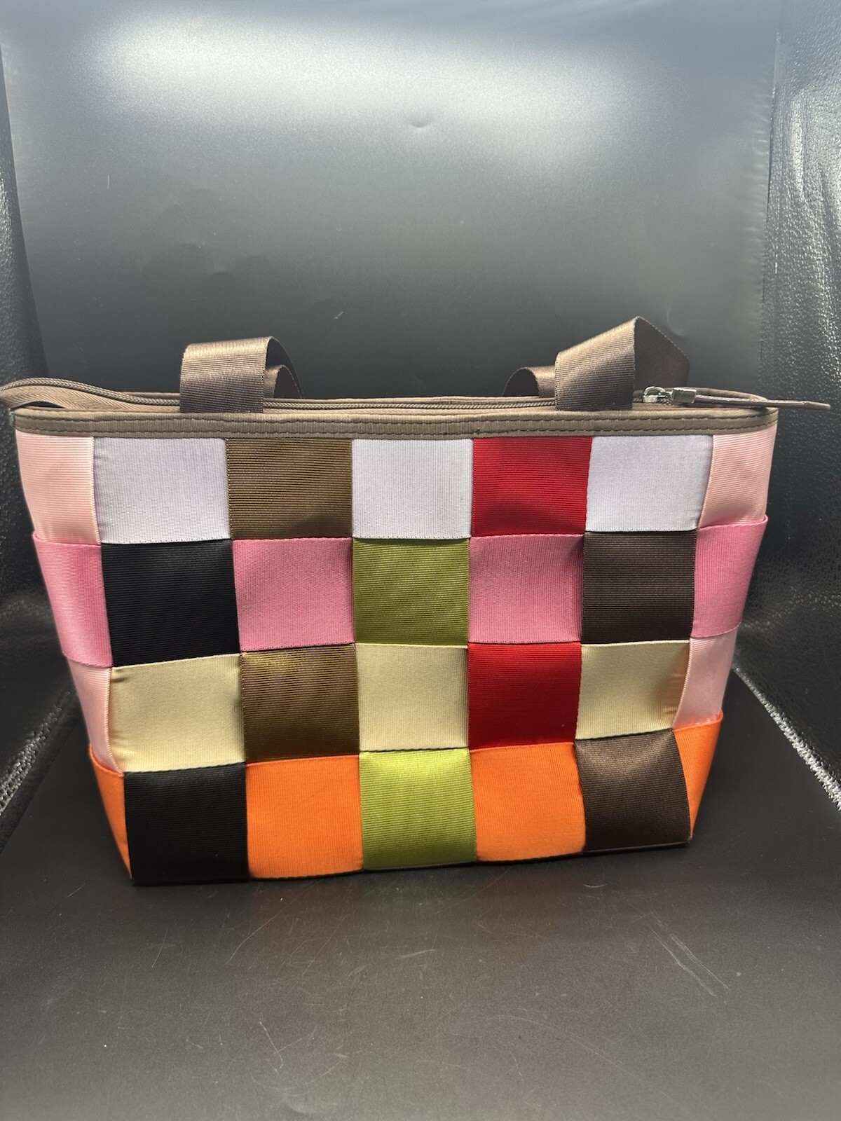 Comely seatbelt bag purse multi color 12.75” Wide shoulder bag Brown Lining