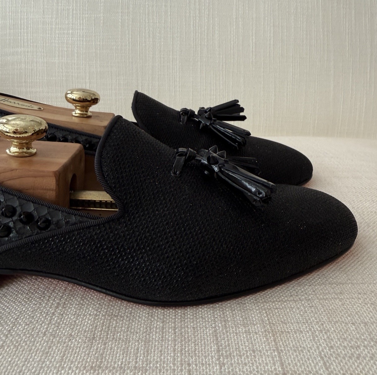 Christian Louboutin Dandelion Tassel Black Glitter Spike Mens Loafers Size 42