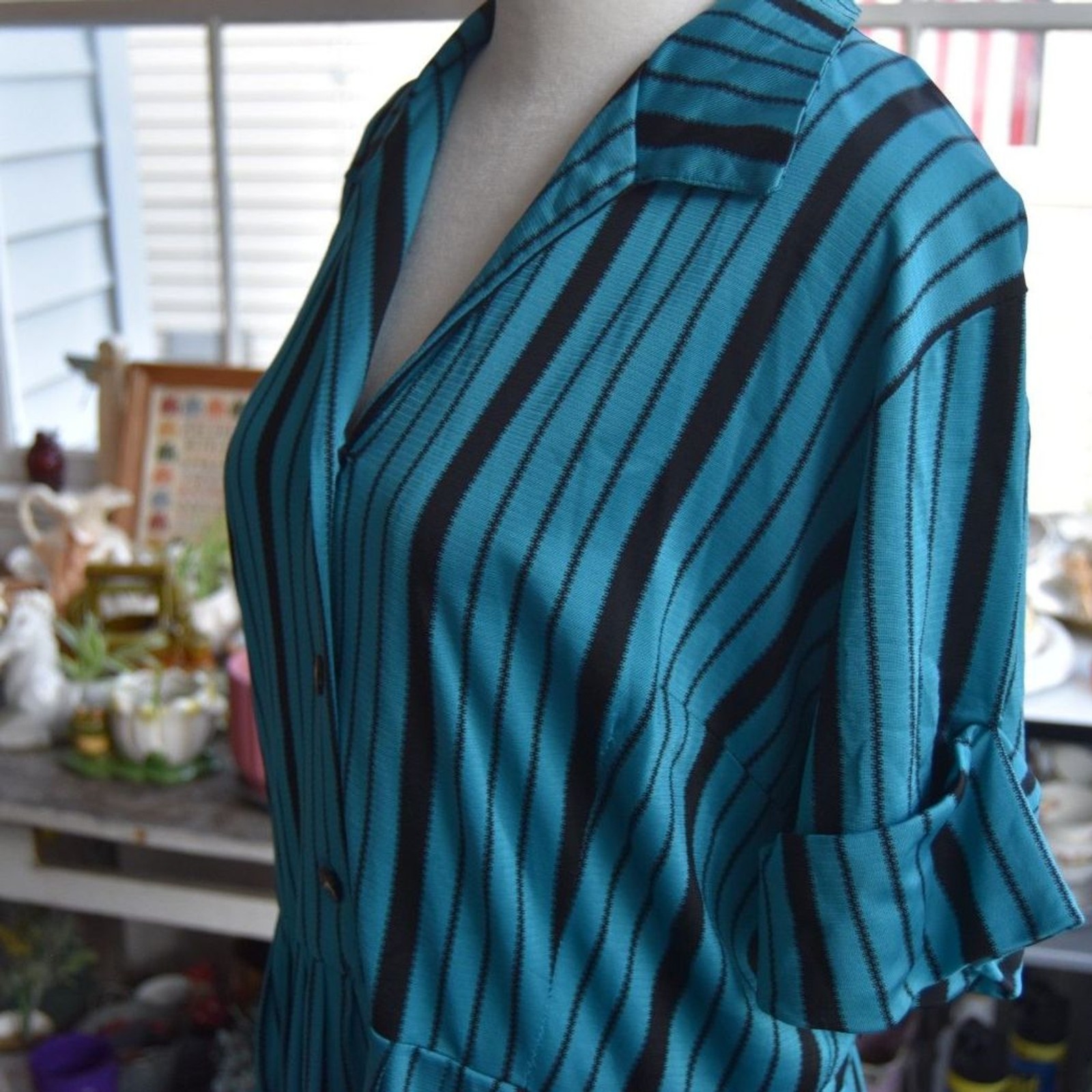 Vintage 60s Mode O’Day Mod Stripe Dress Blue Black Shirtwaist Midi L