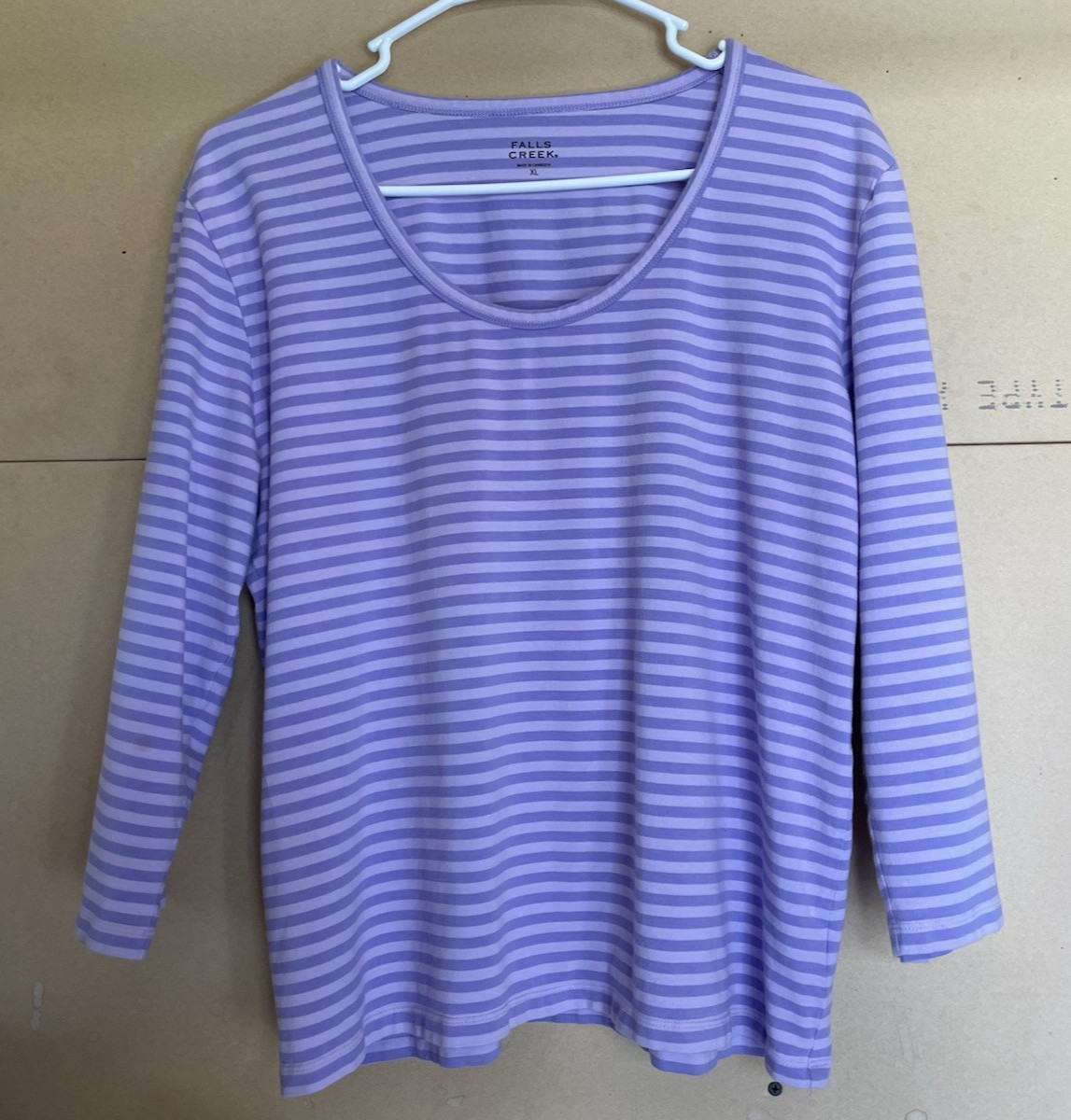 Falls Creek Purple Stripe 3/4 Sleeve Top Women’s XL Round Neck Pullover T-Shirt