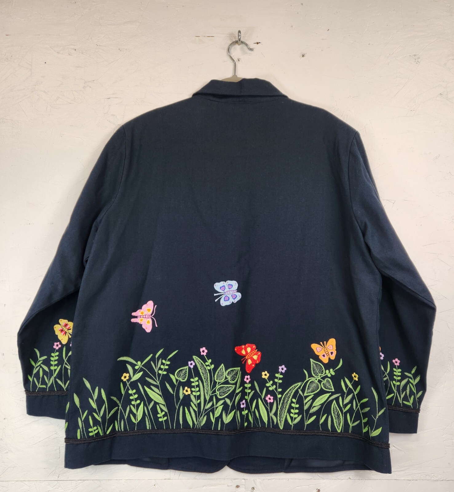 QUACKER FACTORY Jacket Blazer Black Embroidery Butterflies Floral Size 1X FLAW