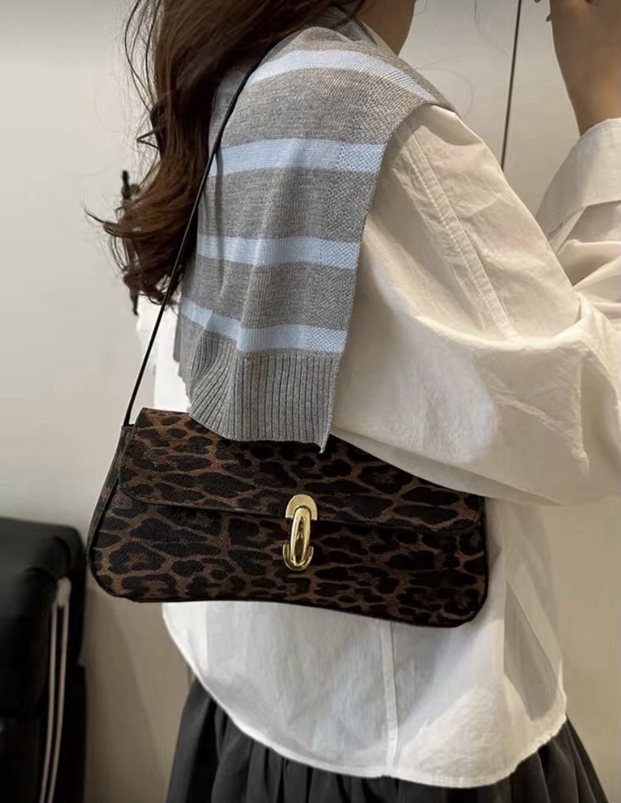 Leopard Print Small Women’s Shoulder Bag Brown/Black Gold Buckle Detachable