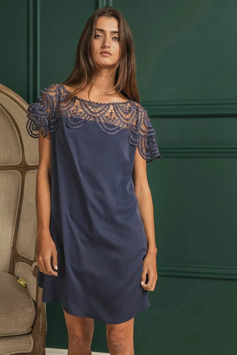 Crochet Lace Yoke Detailed Wrinkled Dress
