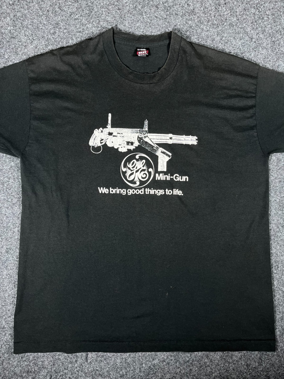 Vintage 90s GE General Electric Mini-Gun Promo Tee T-Shirt Black Fade Size 2XL