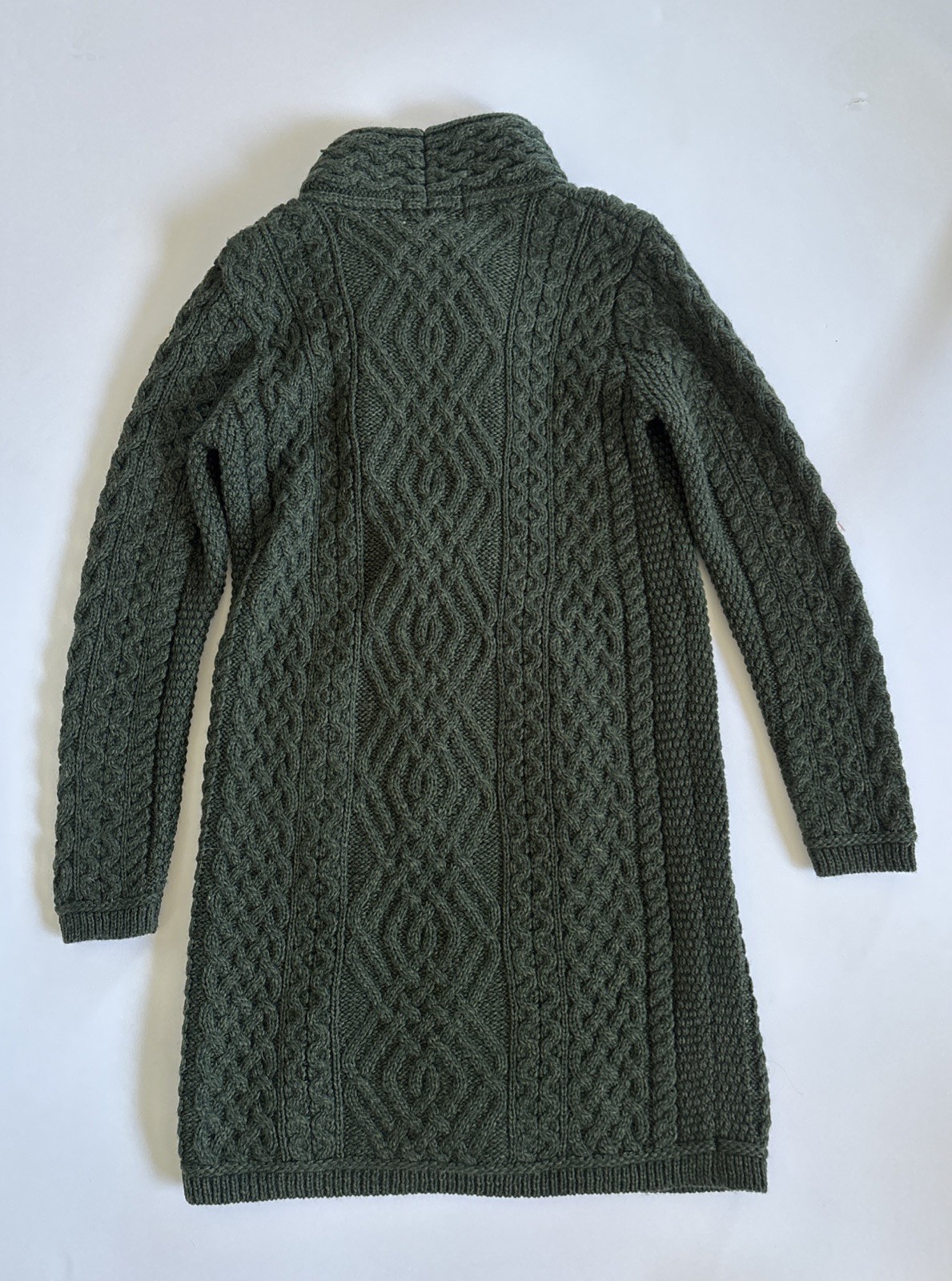 Aran Crafts merino wool cardigan Sweater Coat Side Zip Long Green Small