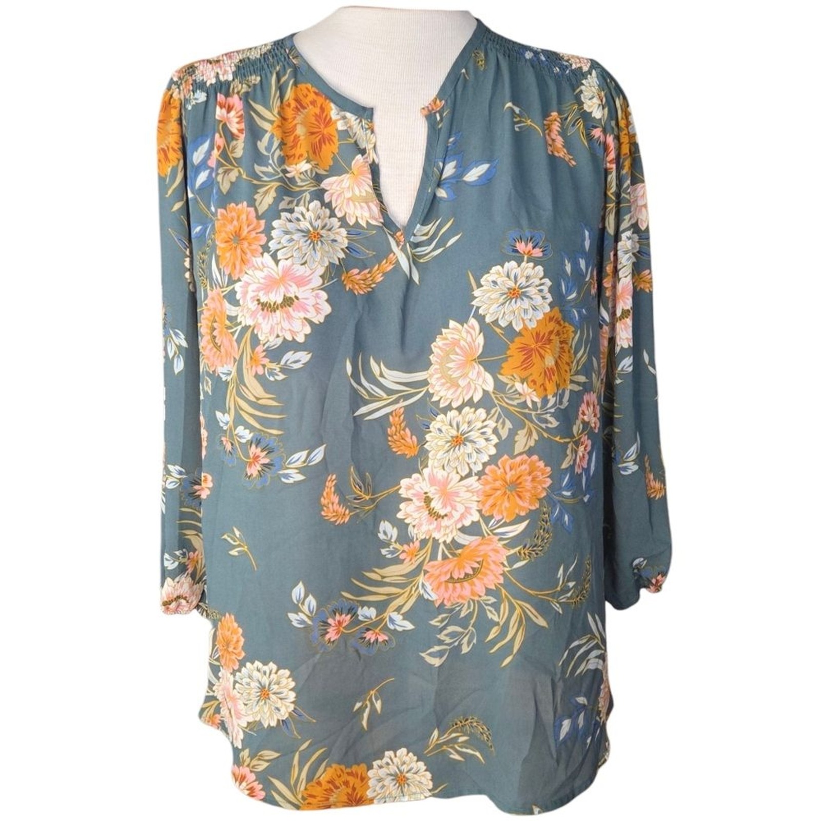Fun2Fun Size 2X Bohemian Sage Green Floral V-Neck Blouse Smocked Balloon Sleeves