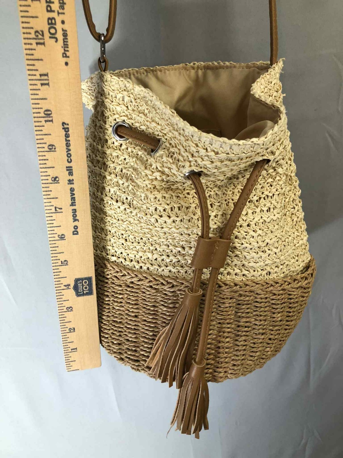 Two Tone 100% Paper Woven Bucket Bag Drawstring Crossbody Polyurethane Strap