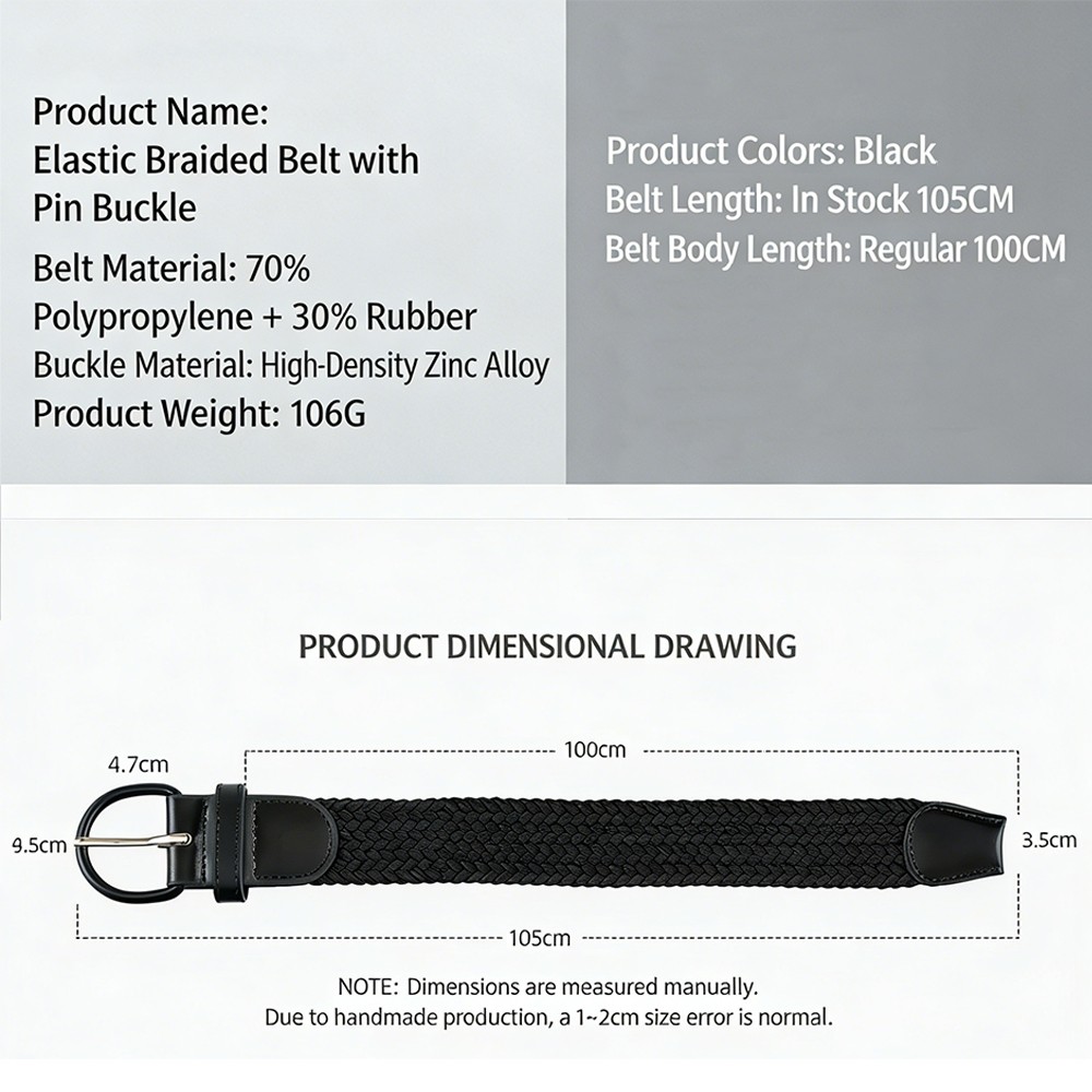 Black Leather Stretch Belt Covered Buckle Woven Elastic Belt 7001 1-1/4″ Wide