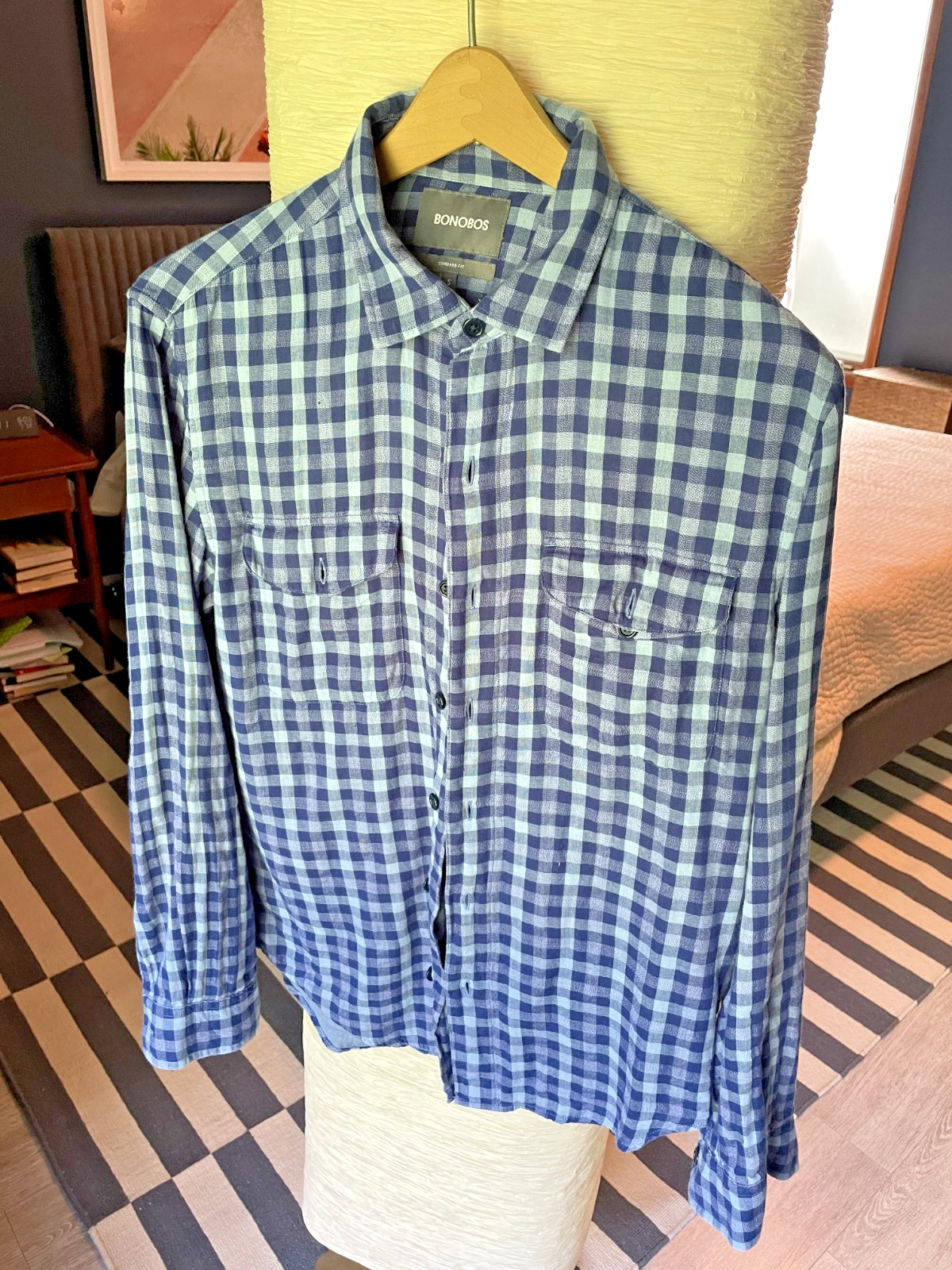 Bonobos Standard Fit Small Blue Gingham Plaid Utility Shirt Long Sleeve EUC