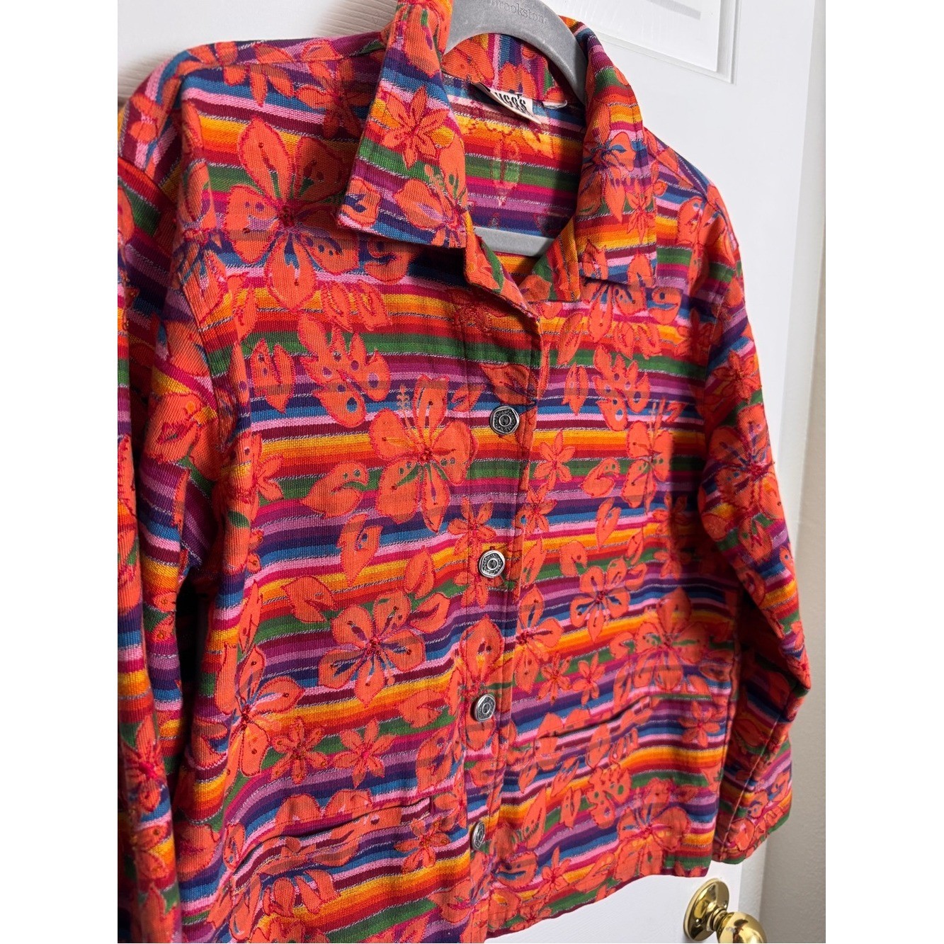 Chico’s Design Bright Orange Artsy Floral Stripe Button-Front Jacket Beaded