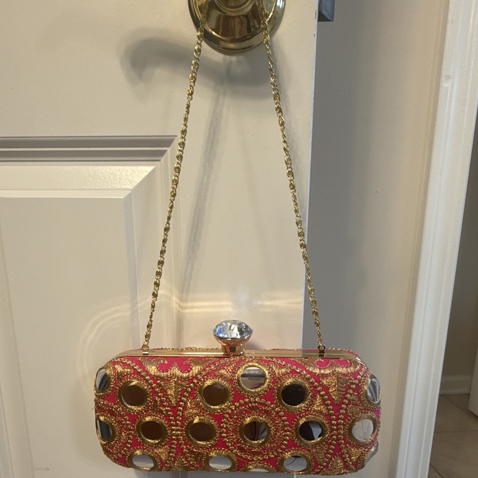Women’s Pink & Gold Embroidered Mirror Clutch, Gold Chain Strap, Clasp