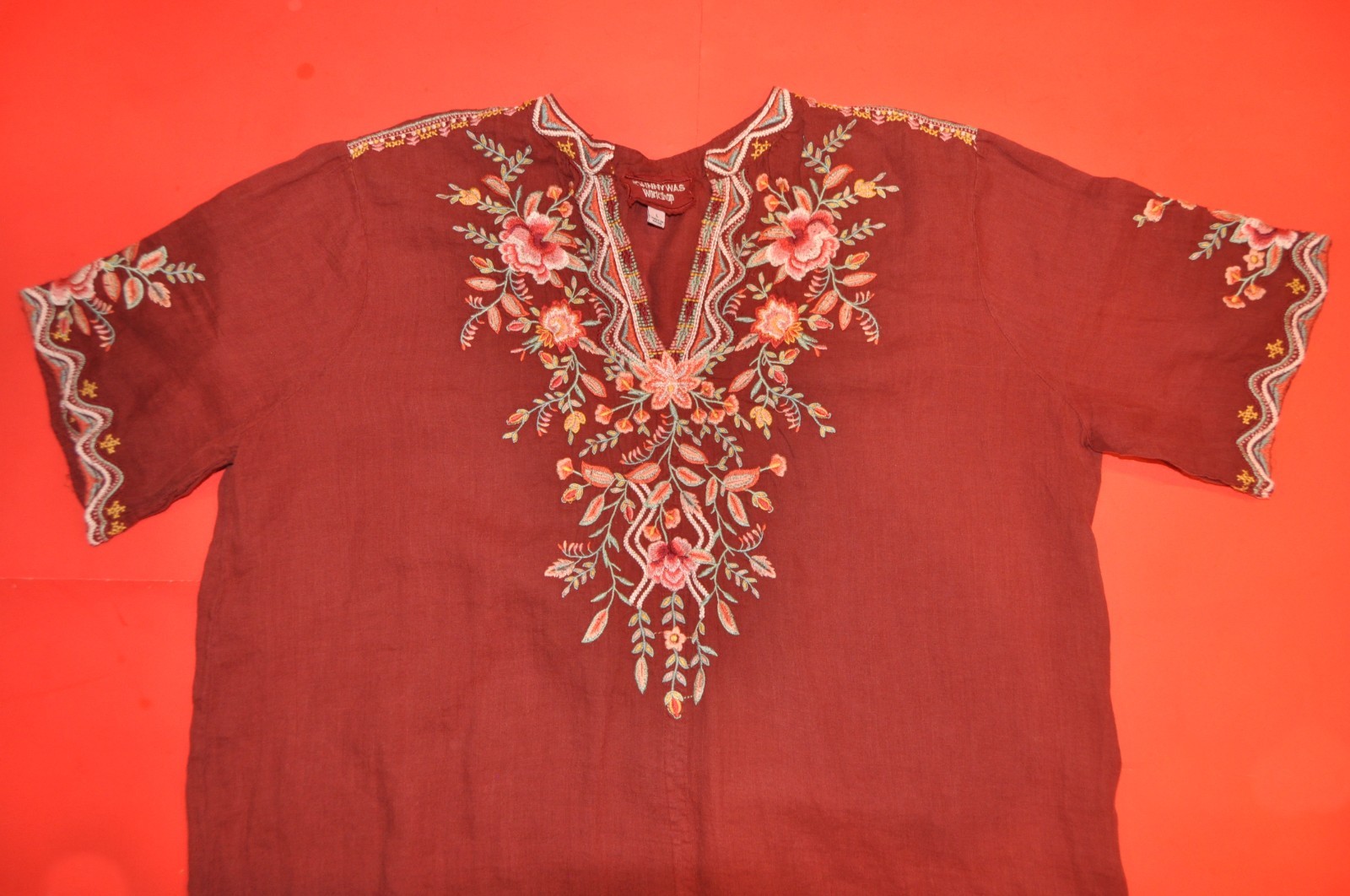 Johnny Was Alise 100% Ramie Embroidered V-Neck Mini Dress in Maroon size:L