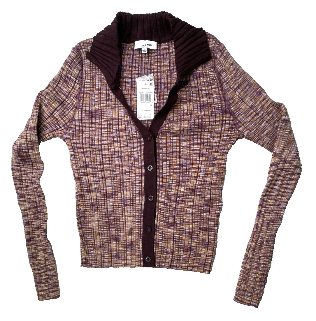 NEW W TAGS Hooked Up Ribbed Knit Top Womens Med Brown Check Collared Button UP