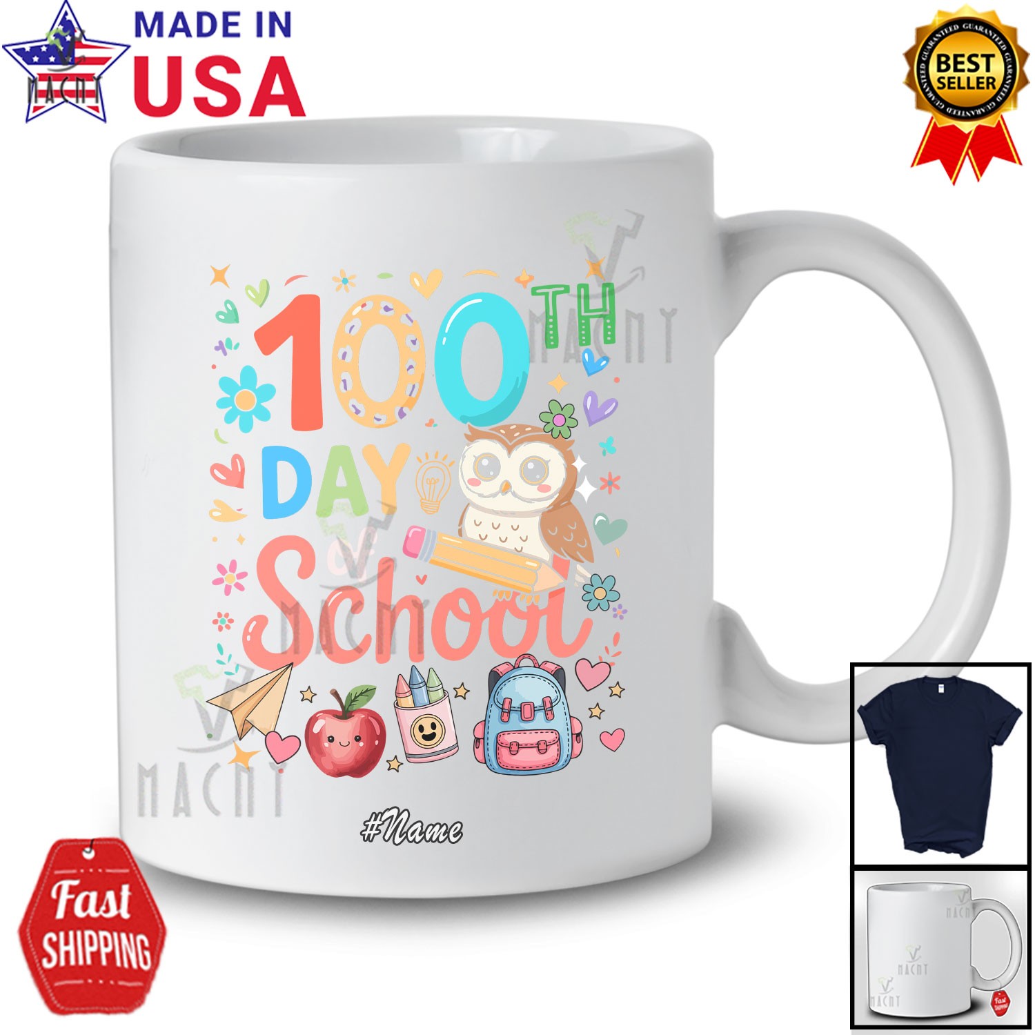 Custom Name 100th Day Of School; Adorable Owl Pencil; Teacher Students Shirt