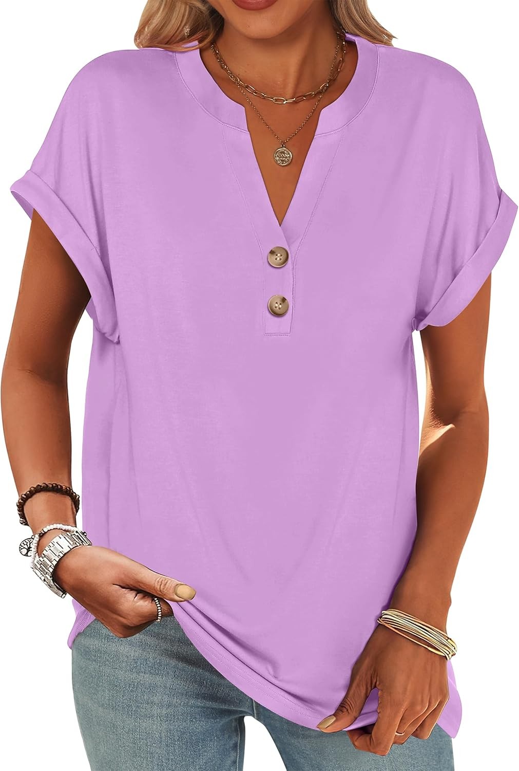 Womens Henley V Neck Short Sleeve Loose Fit Casual Summer Tunic Blouse Top