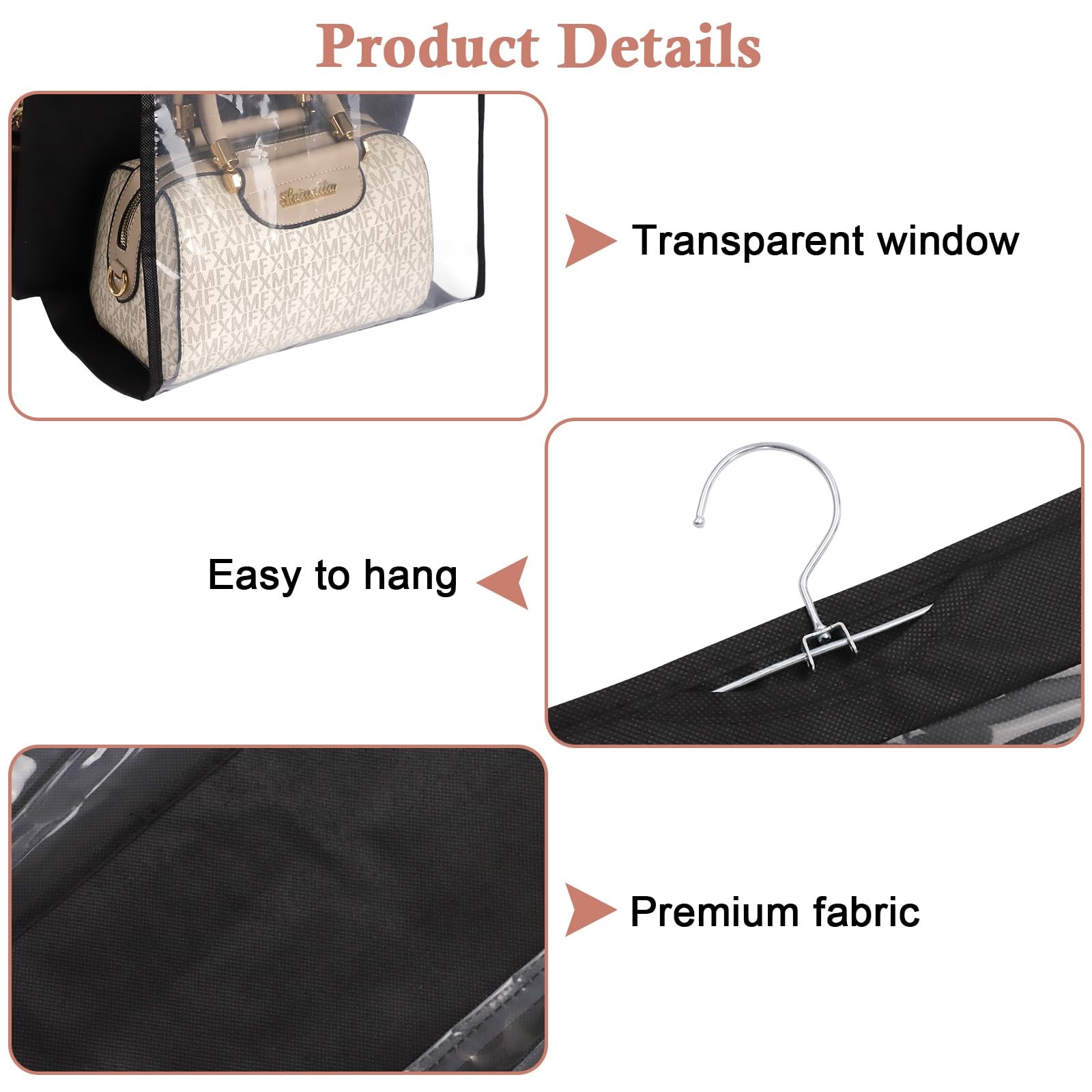 3 Pack Purse Organizer for Closet, 8 Pockets Black Handbag Hanging, Handbag S
