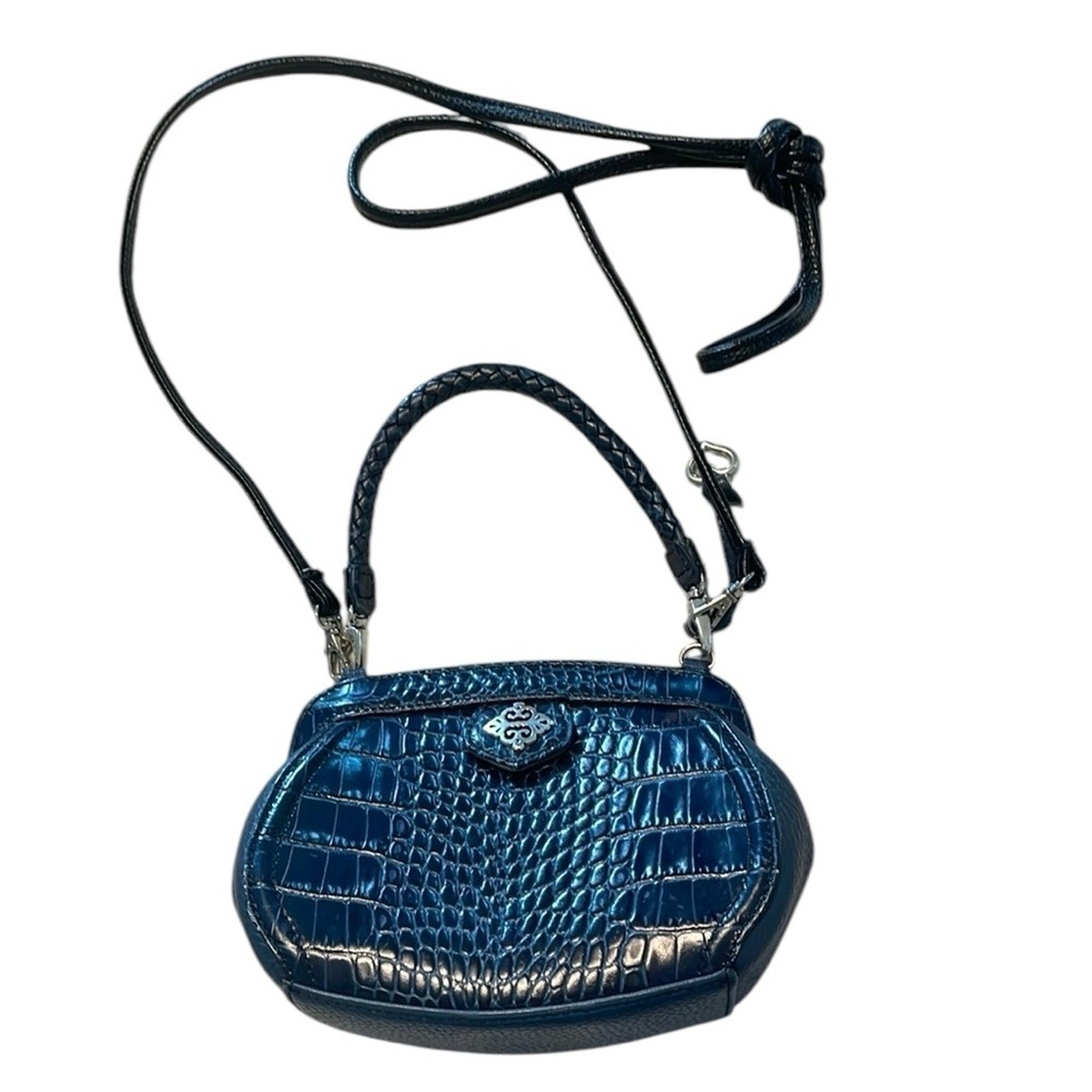 Vegan Croc Embossed Mini Tote Crossbody Bag Navy Blue Top Handle