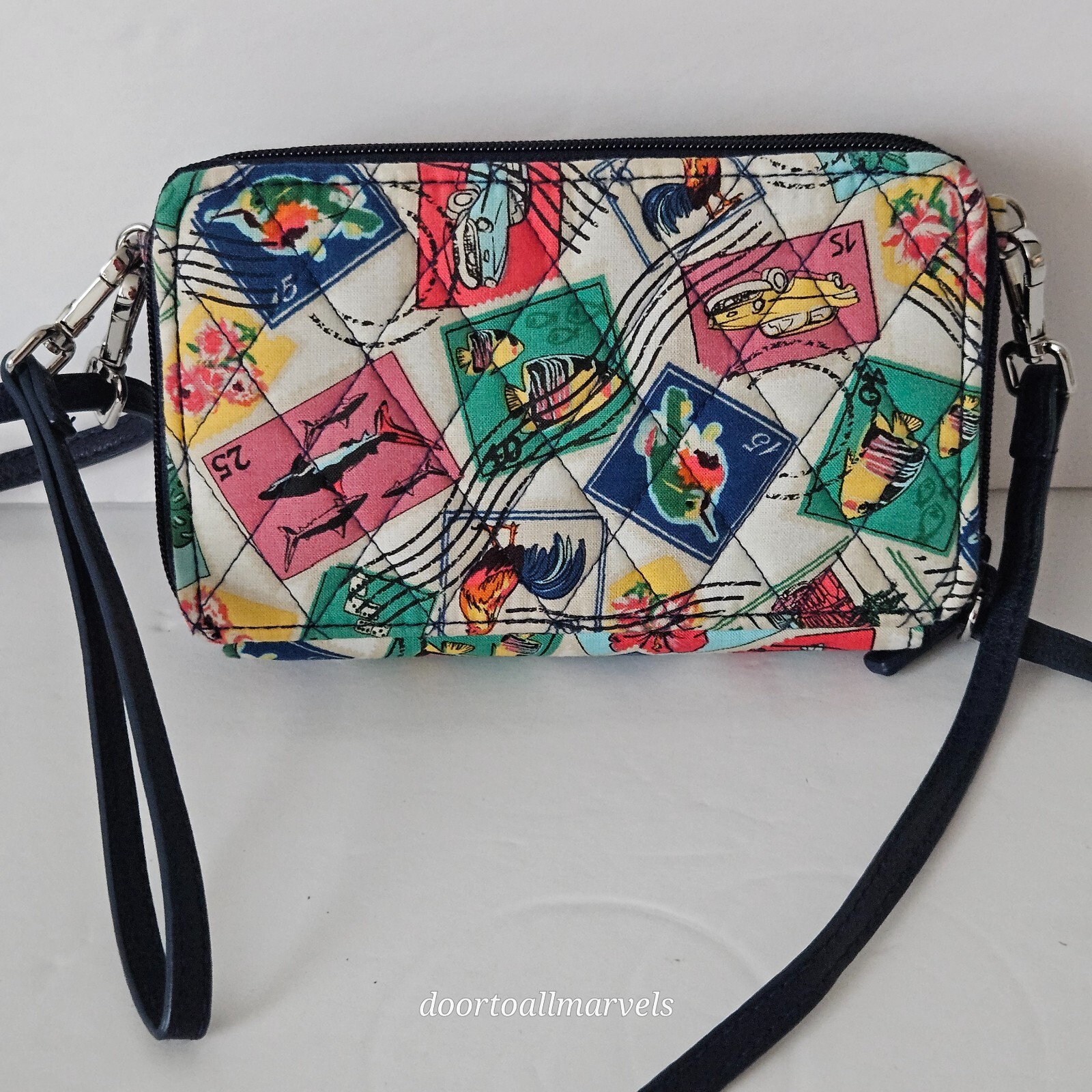 Vera Bradley Cuban Stamps Wallet Organizer Crossbody Double Zip Mini Bag 6.75″