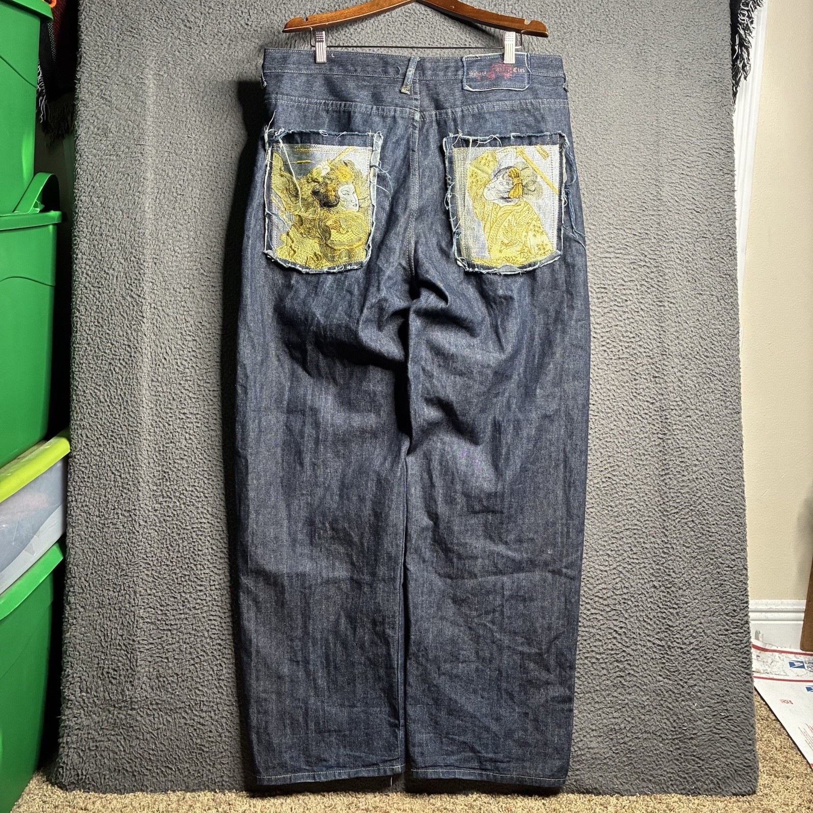 Vtg Martin Ksohoh Style Embroidered 38×34 Denim Jeans Wide Leg Baggy Broken Zip