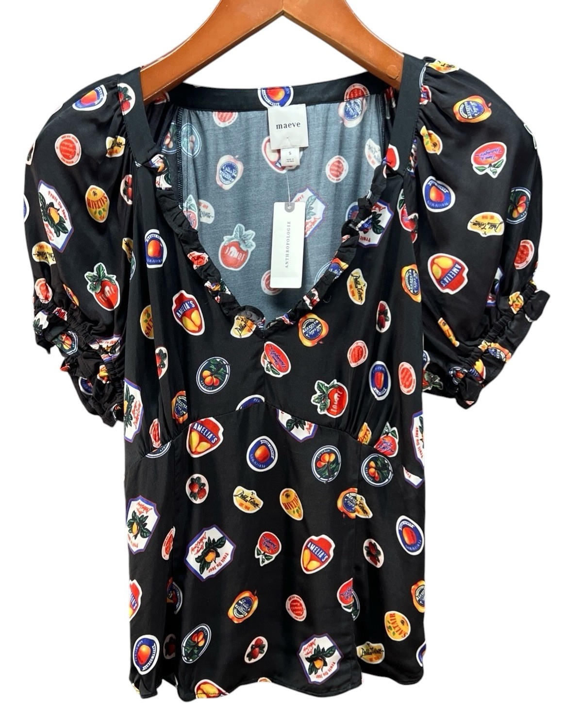 Maeve Anthropologie Black Novelty Print Ruffle Sleeve Top Size S NEW