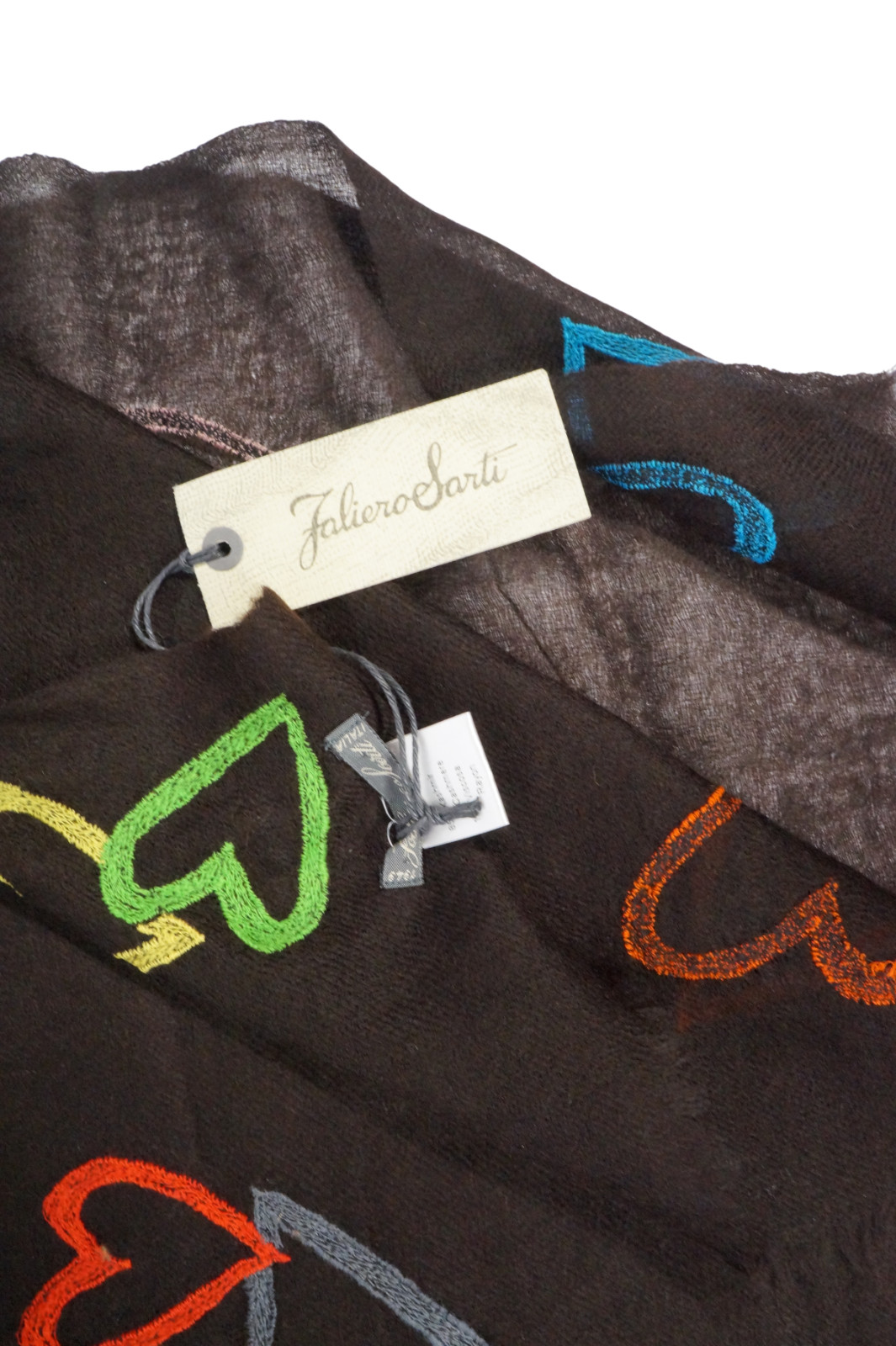 NWT FALIERO SARTI “Cupido” Black w Woven Hearts Cashmere Scarf Italy 26″x69″