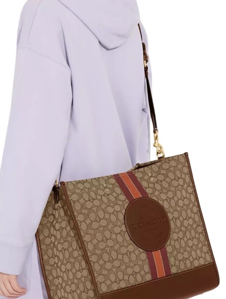 New Coach Dempsey 40 Tote Signature Jacquard Leather Patch In Saddle Multi