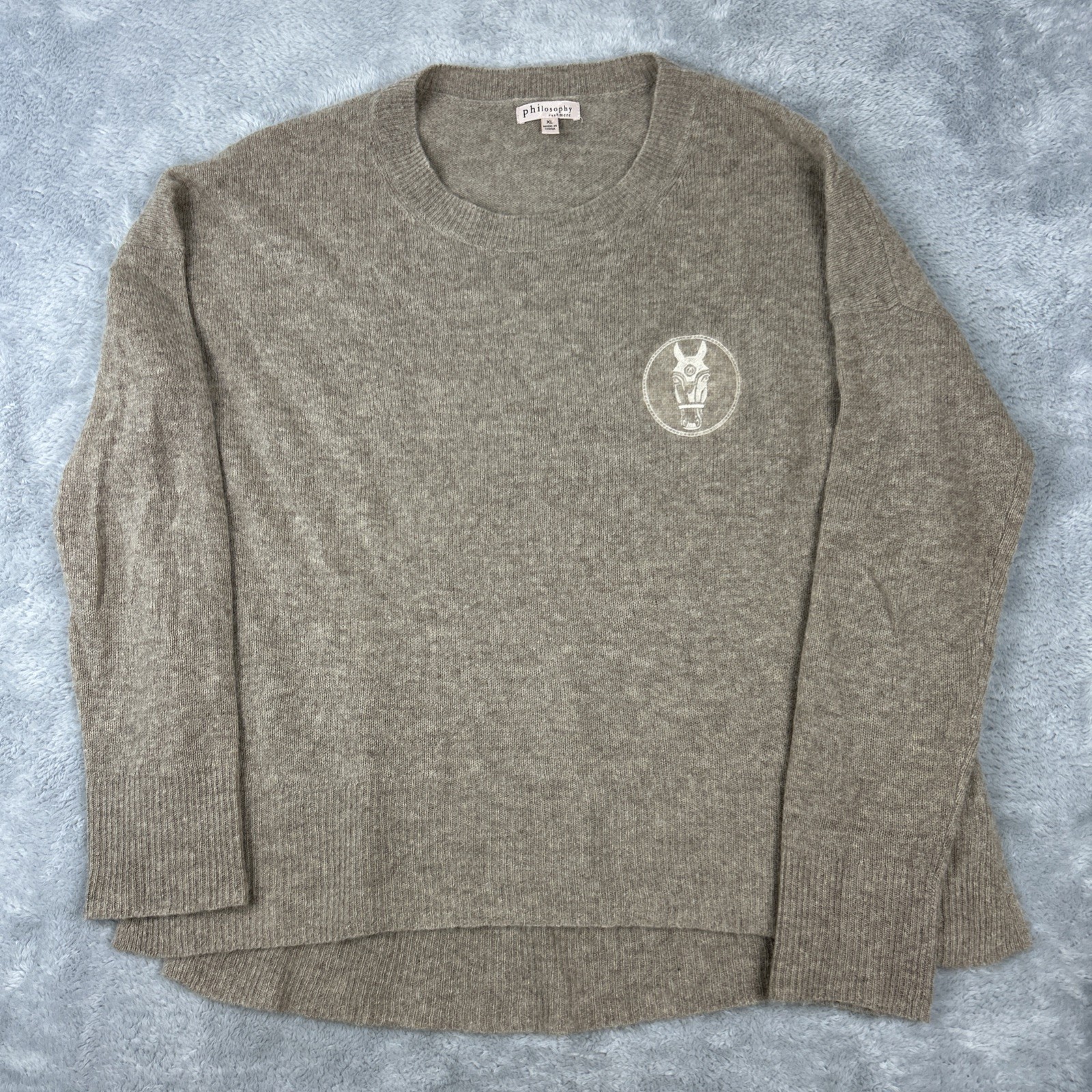 Philosophy Womens XL Sweater Cashmere Tan Horse Embroidered Oversized