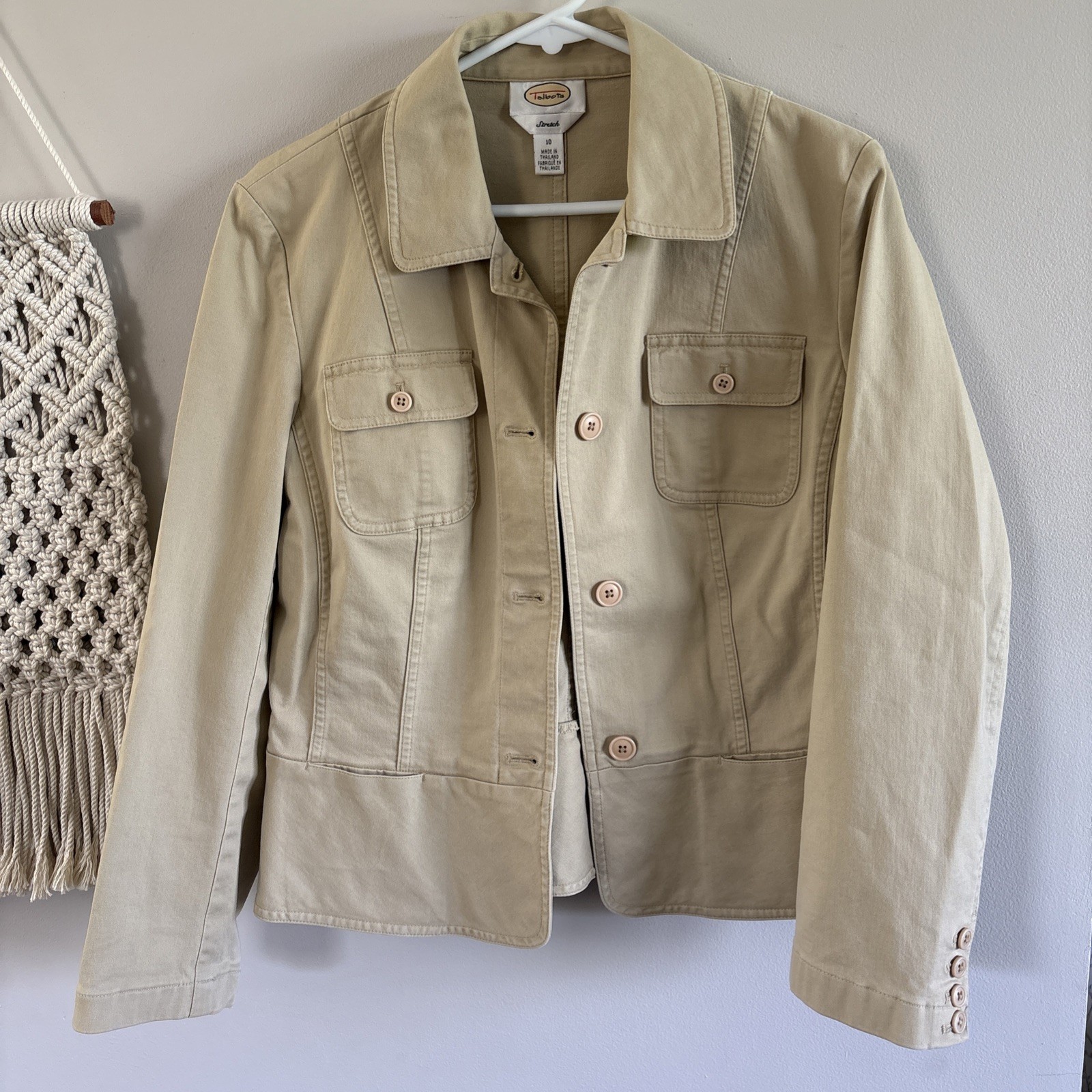 Talbots Tan Cotton Stretch Utility Safari Jacket Button Up Size 10 Casual Blazer