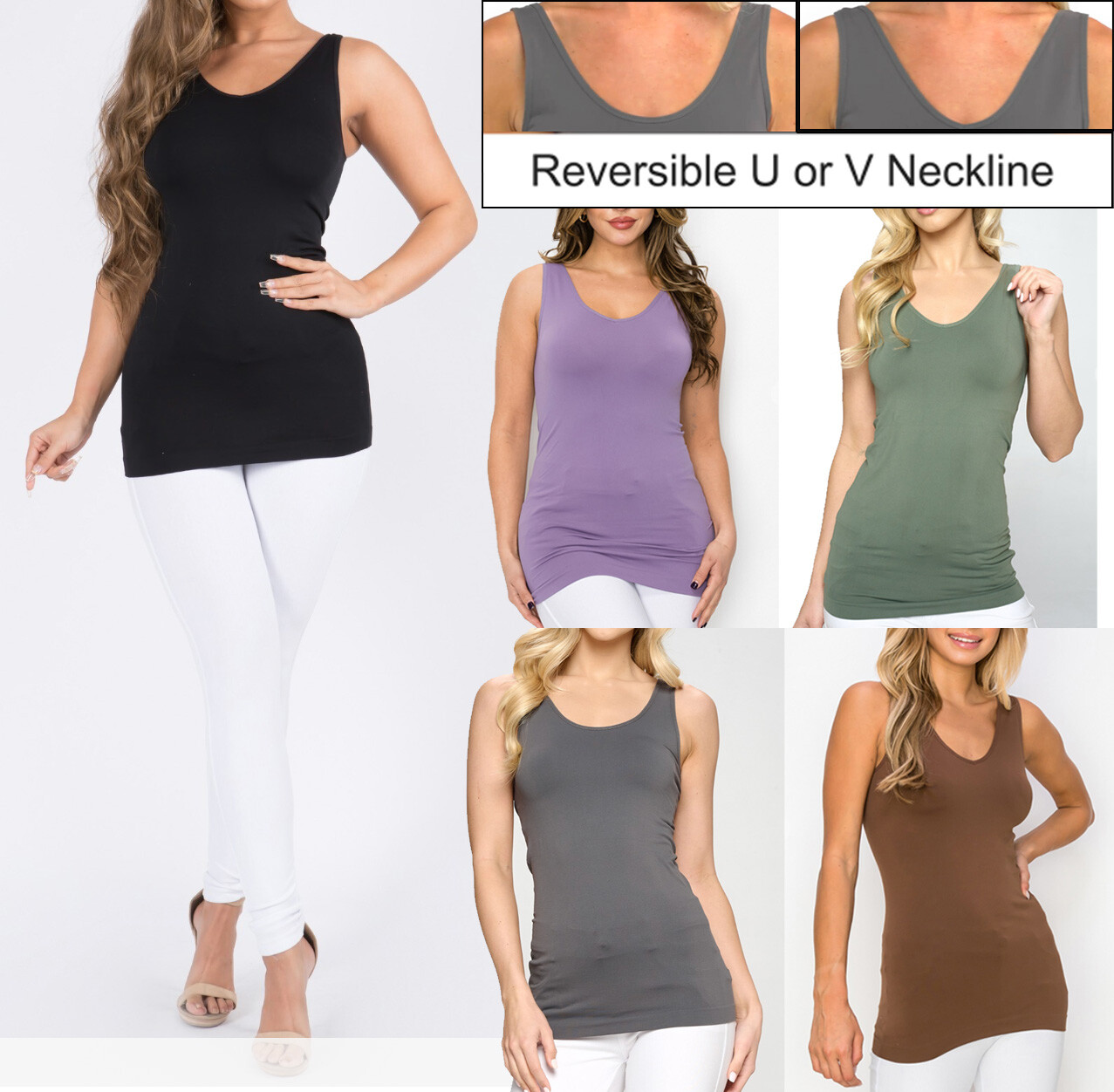 Yelete SML630 Seamless Tank U or V Reversible Neckline Longline ONE SIZE S-L