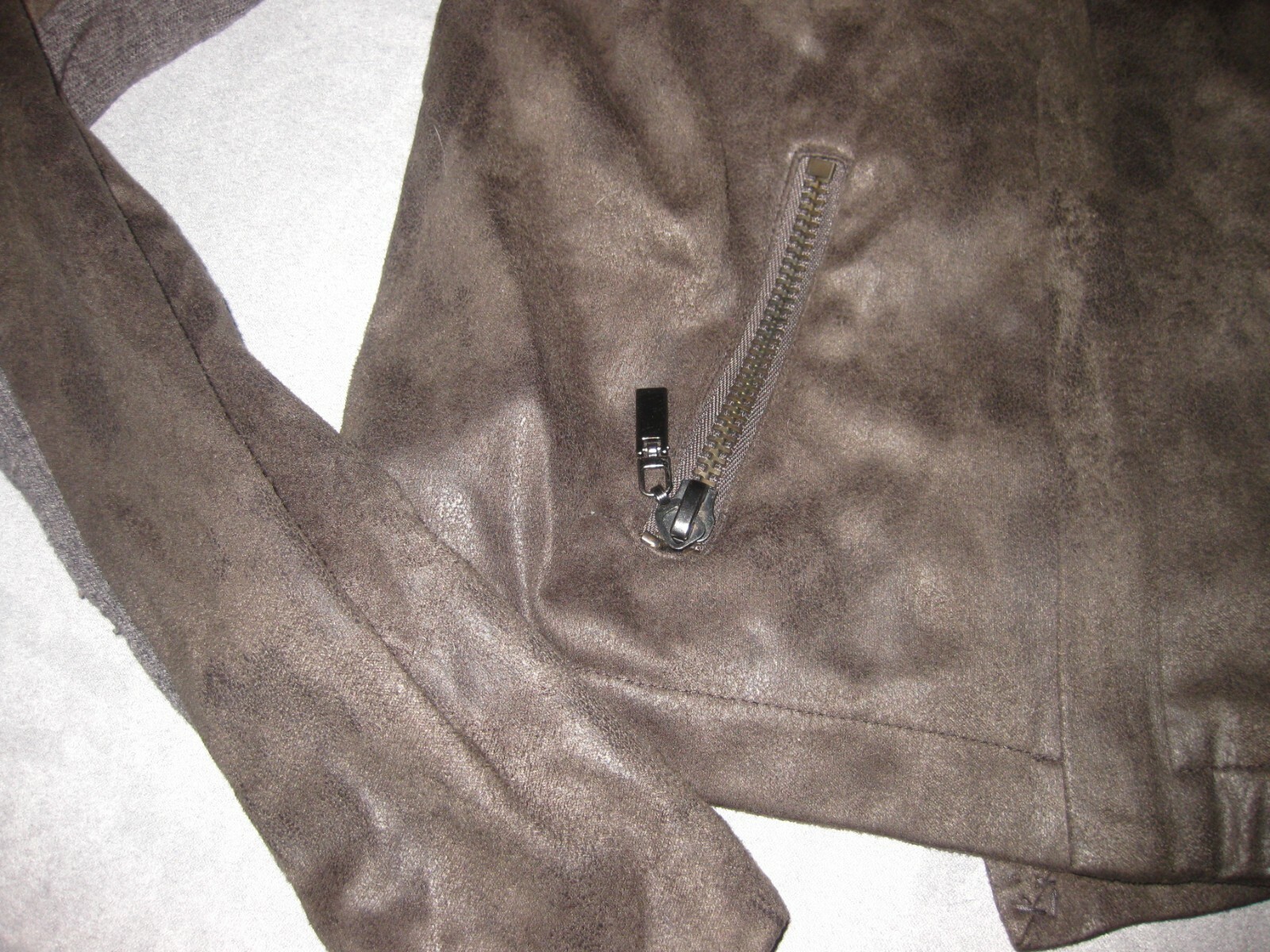 Olivaceous PU Synthetic Leather Gray Biker Jacket Zipper Pockets Size Large L