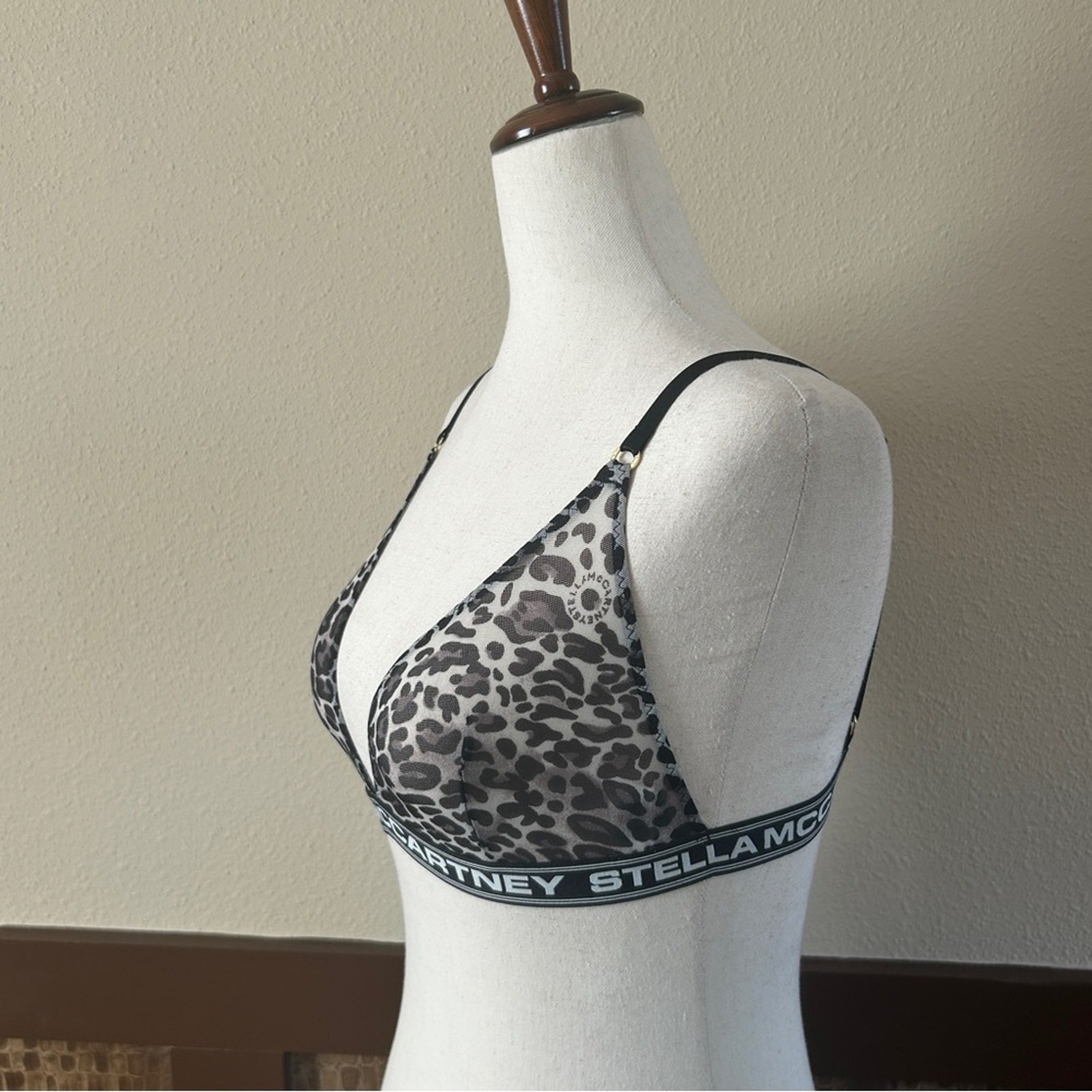 Stella McCartney Leopard Print Triangle Mesh Bra with Logo Band Sz Small NWT