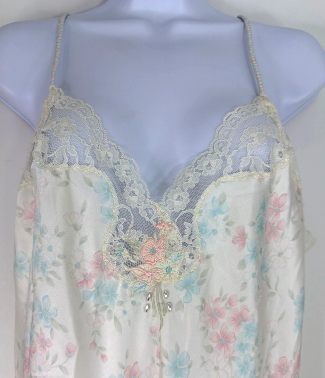 VTG Sara Beth Satin Poly Nightgown Robe Set Pink/Blue Floral Lace Bridal Small