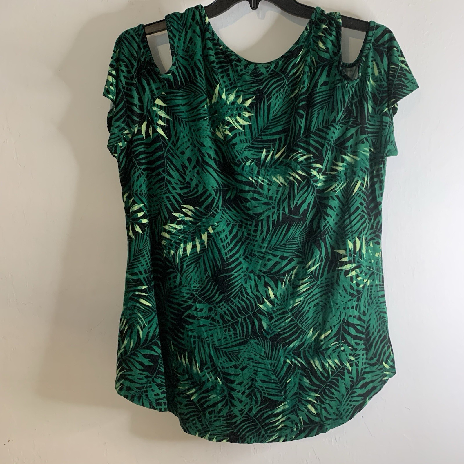Cathy Palm Tropical Palm V Neck Womens 2XL Flowy Stretch Sleeve Cut Outs Top