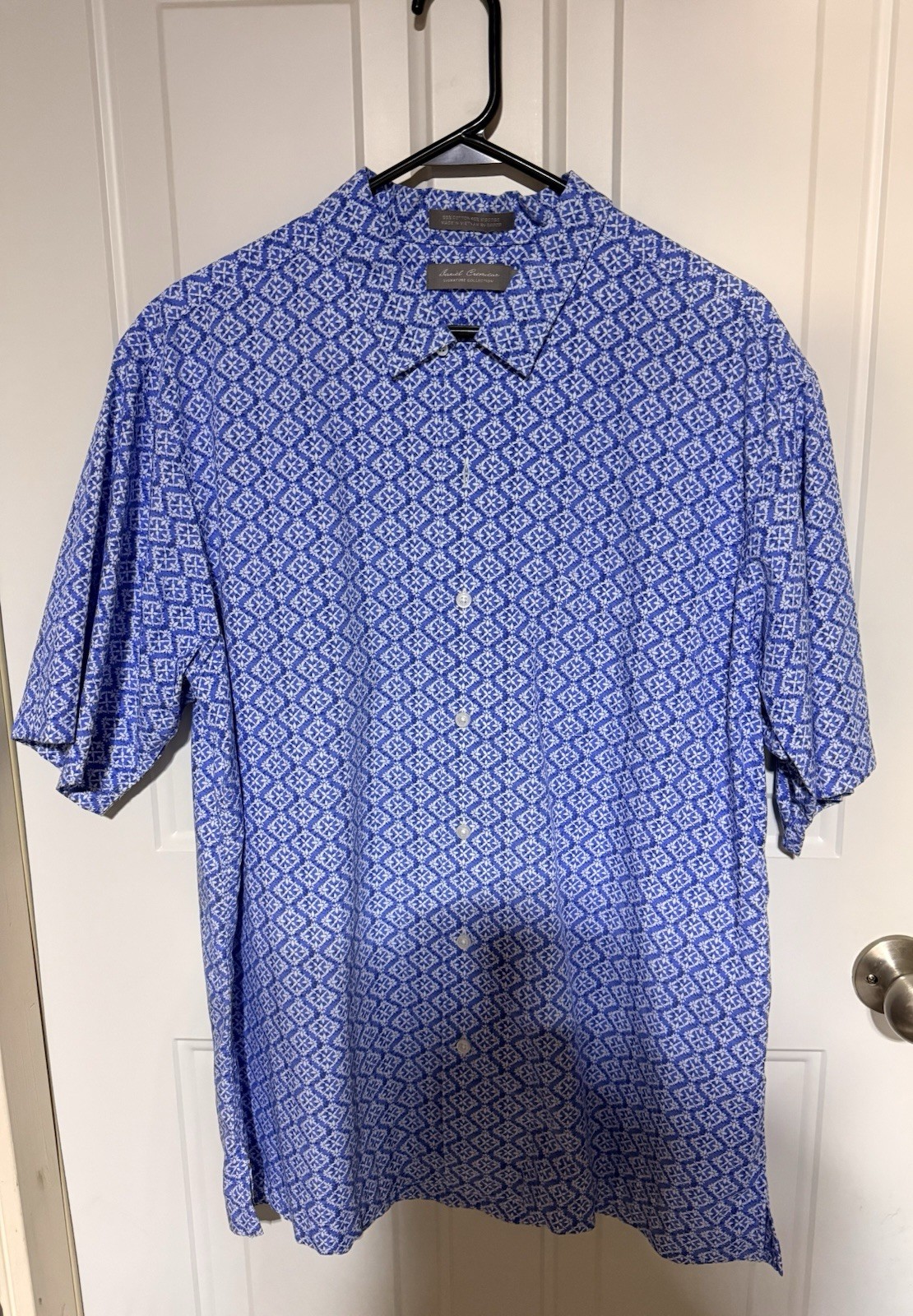 Daniel Cremieux Men’s L Short Sleeve Geometric Blue White Button-Up Shirt